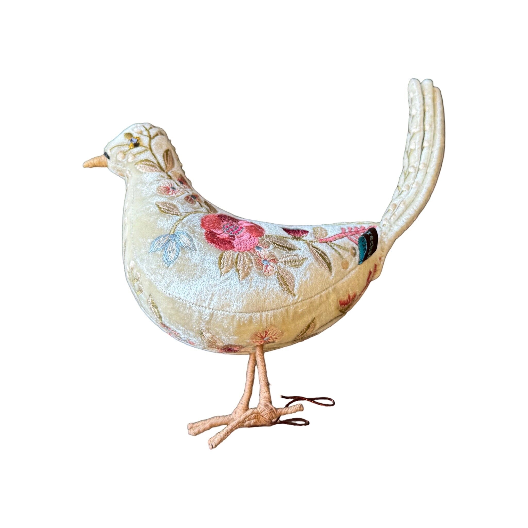 Hand Embroidered Silk Velvet Standing Dove Objet d'Art Anke Drechsel LIZA Sea Blue 