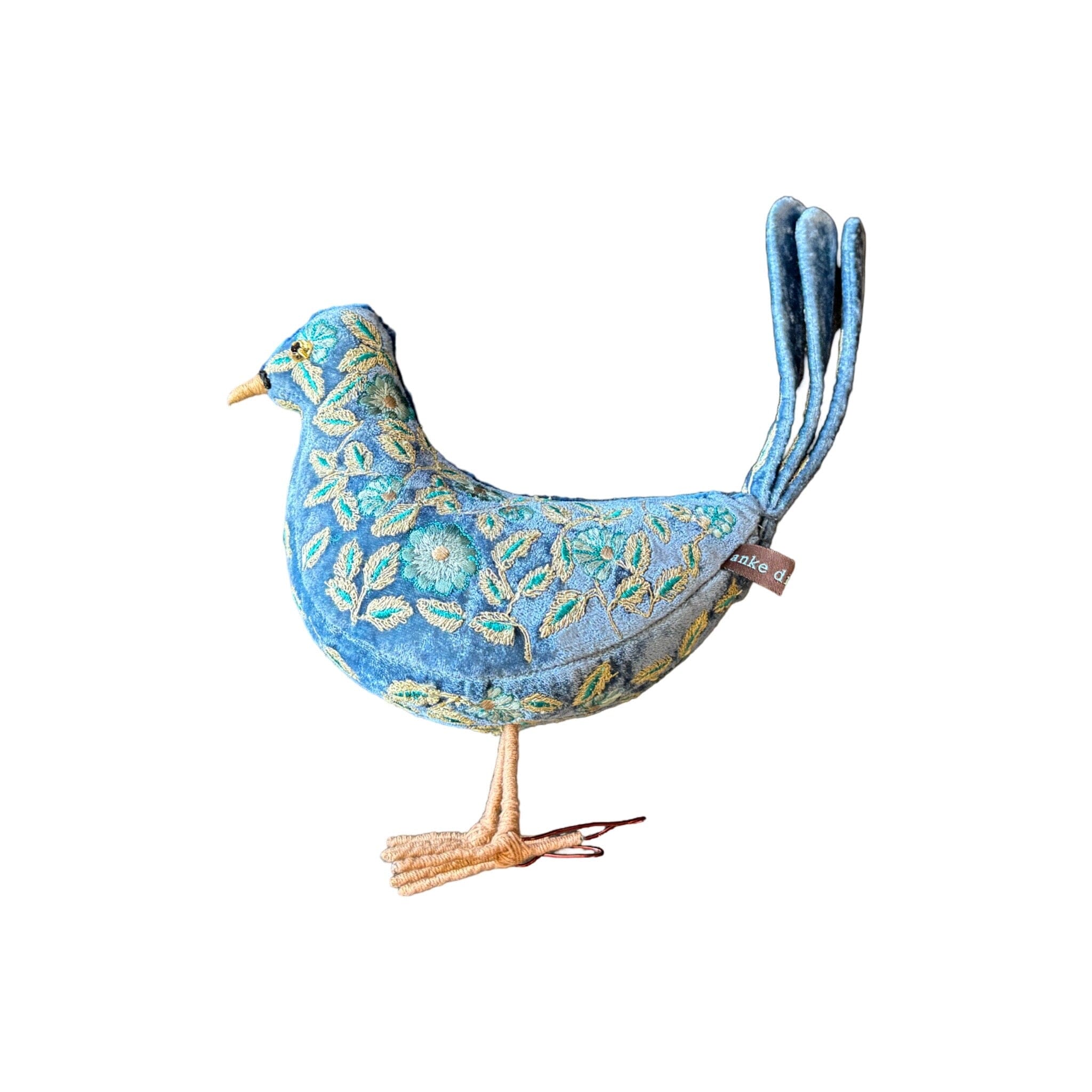 Hand Embroidered Silk Velvet Standing Dove Objet d'Art Anke Drechsel MOIRA Rivera Blue 