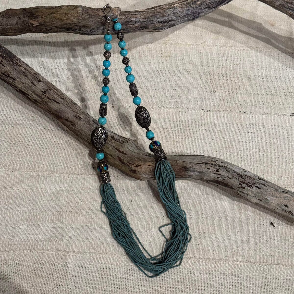 Handmade Artfully Beaded Necklace from Thailand Necklace Bangkok Turquoise Necklace with Aged Silver Charms 
