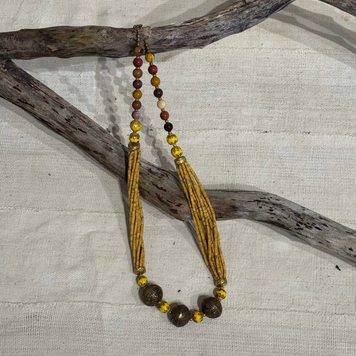 Handmade Artfully Beaded Necklace from Thailand Necklace Bangkok Yellow Necklace with Bronze Charms 