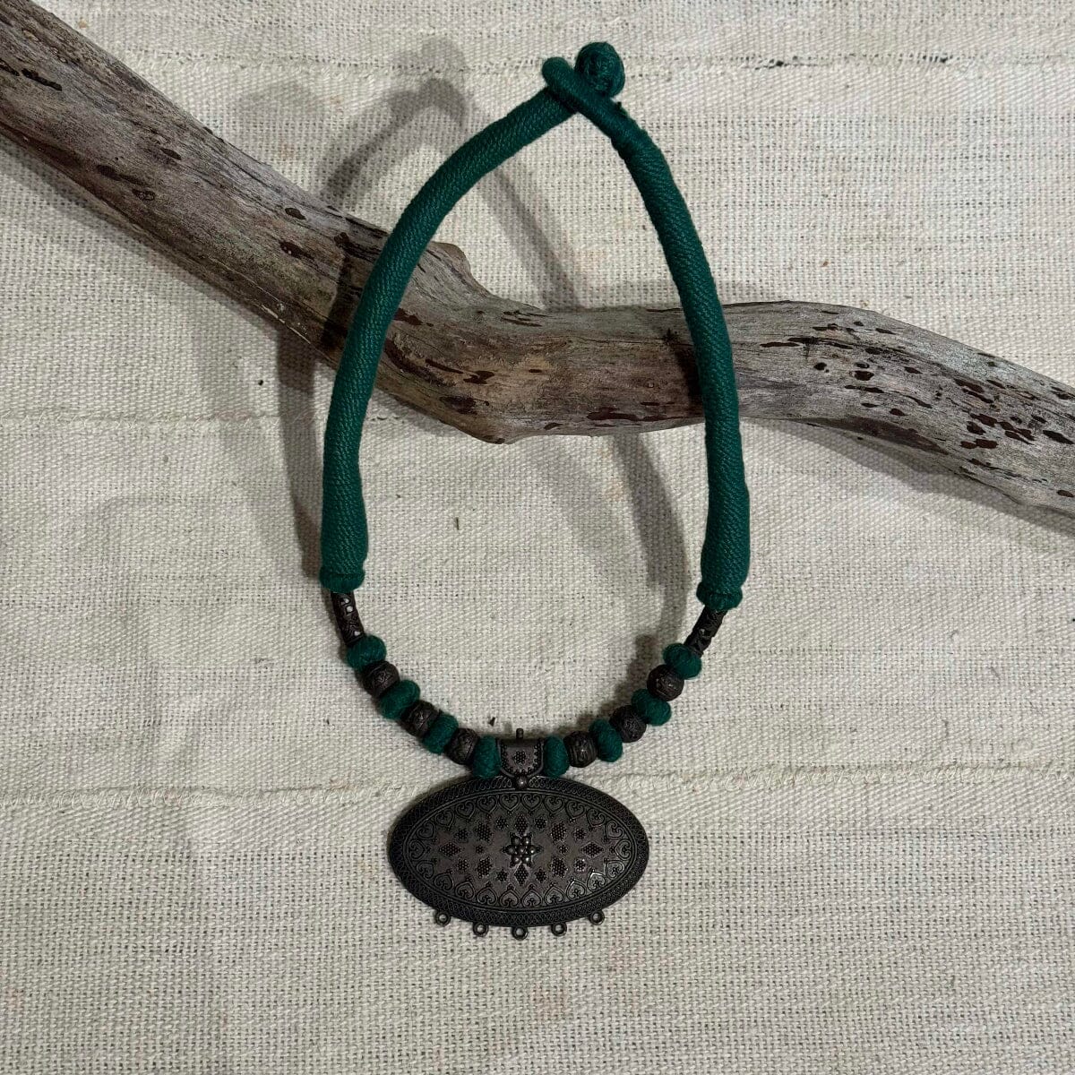 Handmade Artfully Woven Necklace with Vintage Pendant from Thailand Necklace Bangkok Green with Oval Pendant 