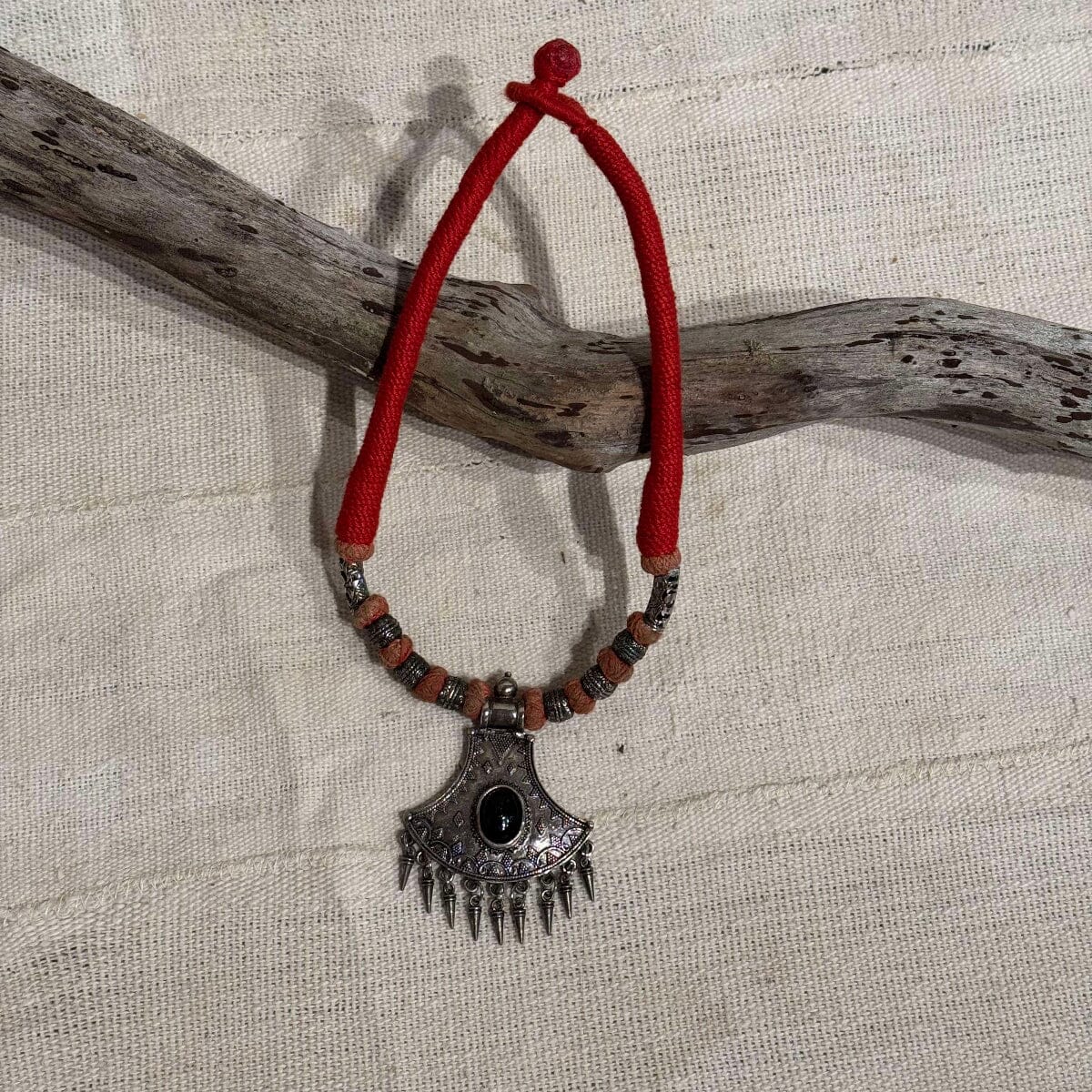 Handmade Artfully Woven Necklace with Vintage Pendant from Thailand Necklace Bangkok Red with Black Stone Pendant 