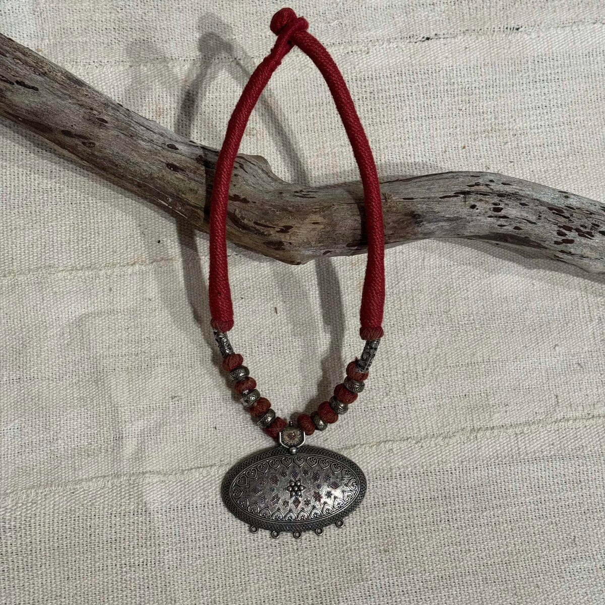 Handmade Artfully Woven Necklace with Vintage Pendant from Thailand Necklace Bangkok Red with Oval Pendant 