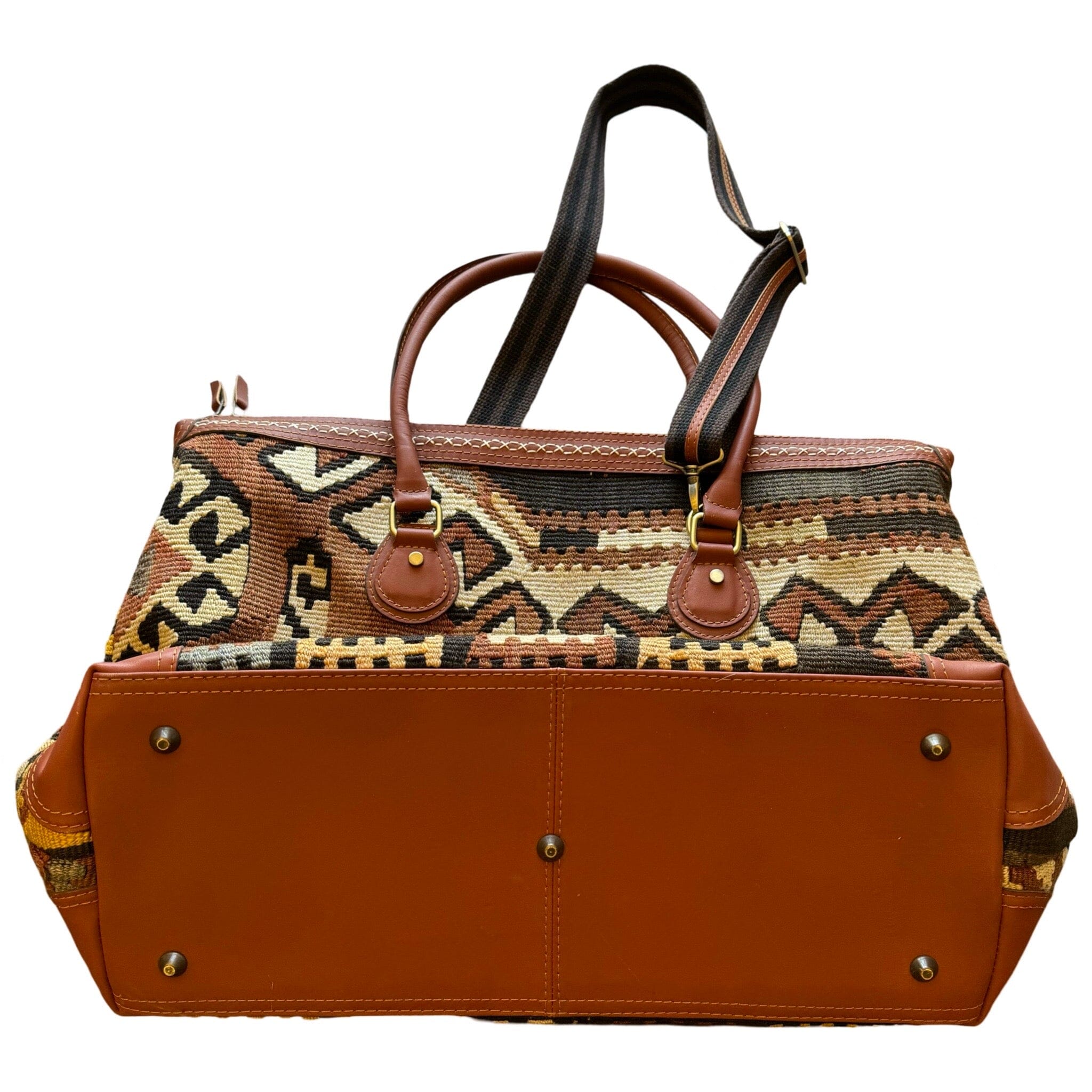Handmade Kilim Duffle Bag with Short Leather Straps and Long