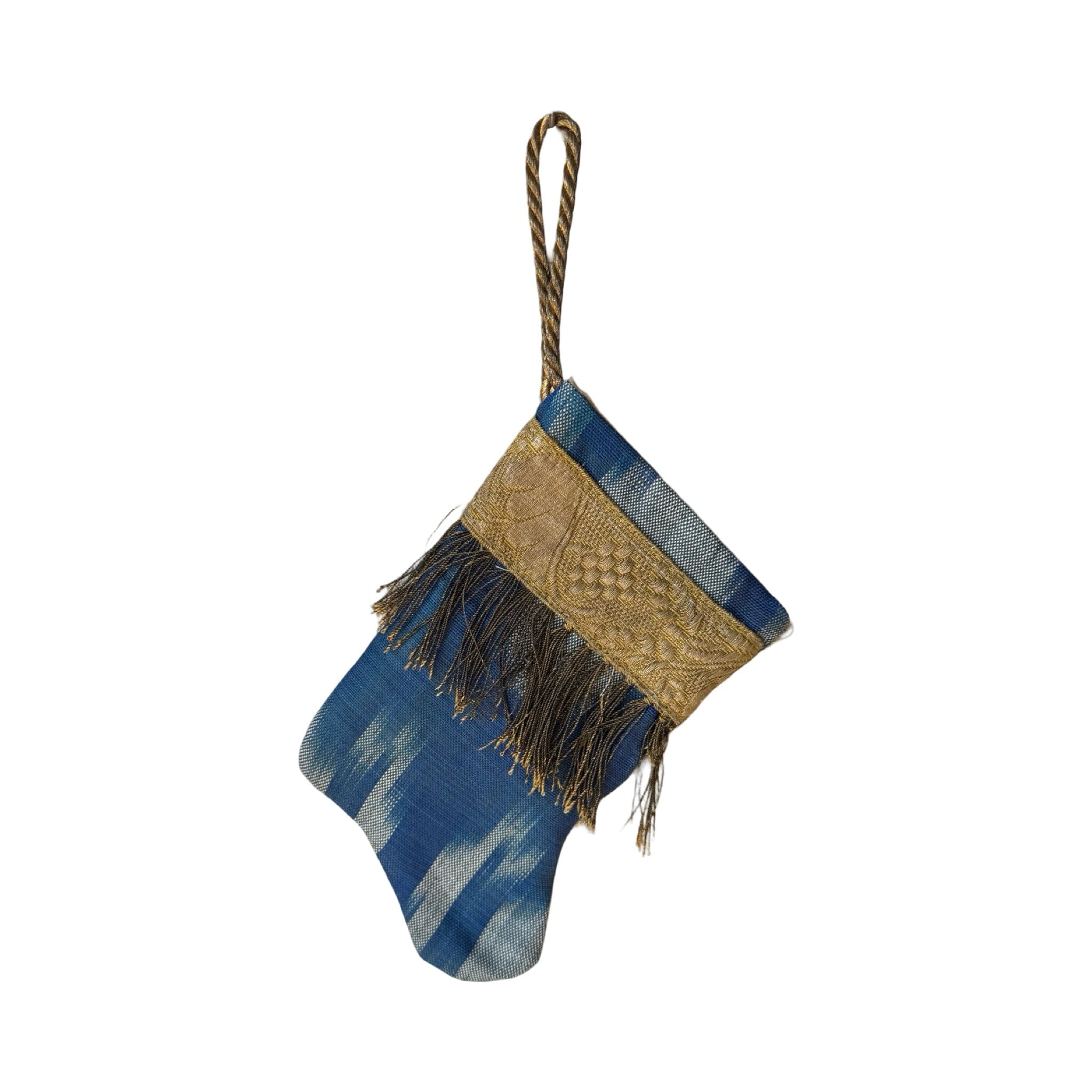 Handmade Mini Stocking from Antique and Vintage Textiles - Blue Silk Ikat Ornament B. Viz Design J 