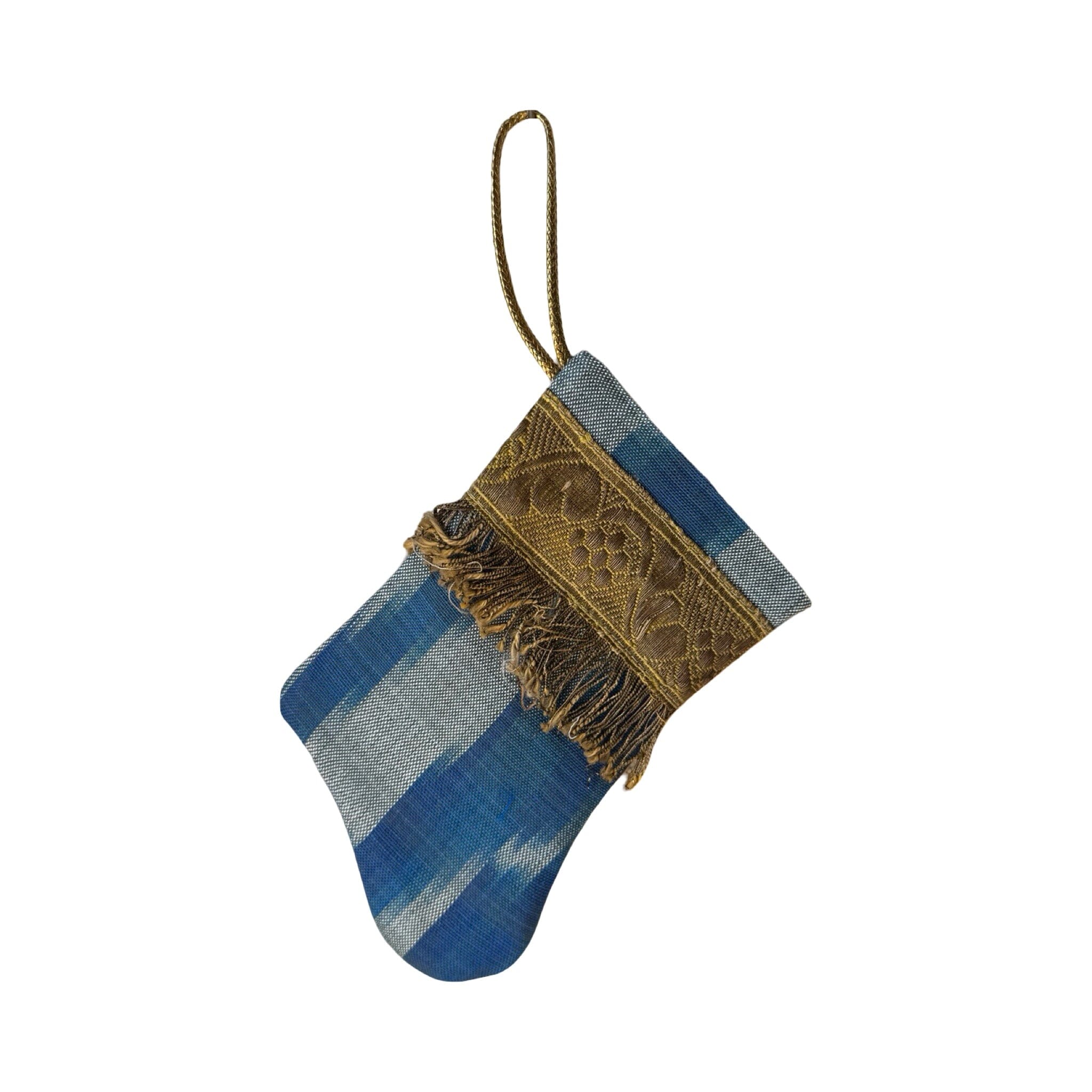 Handmade Mini Stocking from Antique and Vintage Textiles - Blue Silk Ikat Ornament B. Viz Design K 
