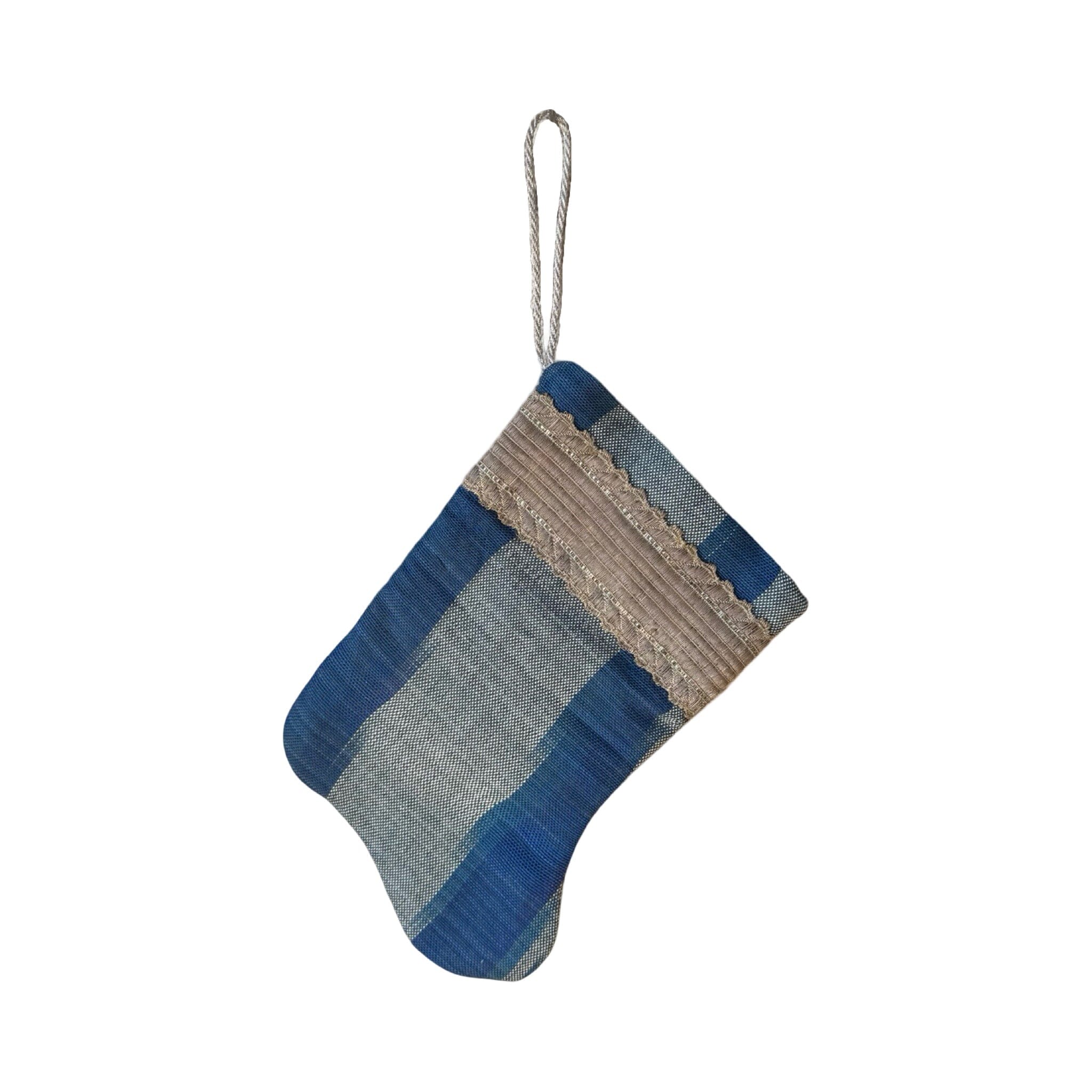 Handmade Mini Stocking from Antique and Vintage Textiles - Blue Silk Ikat Ornament B. Viz Design L 