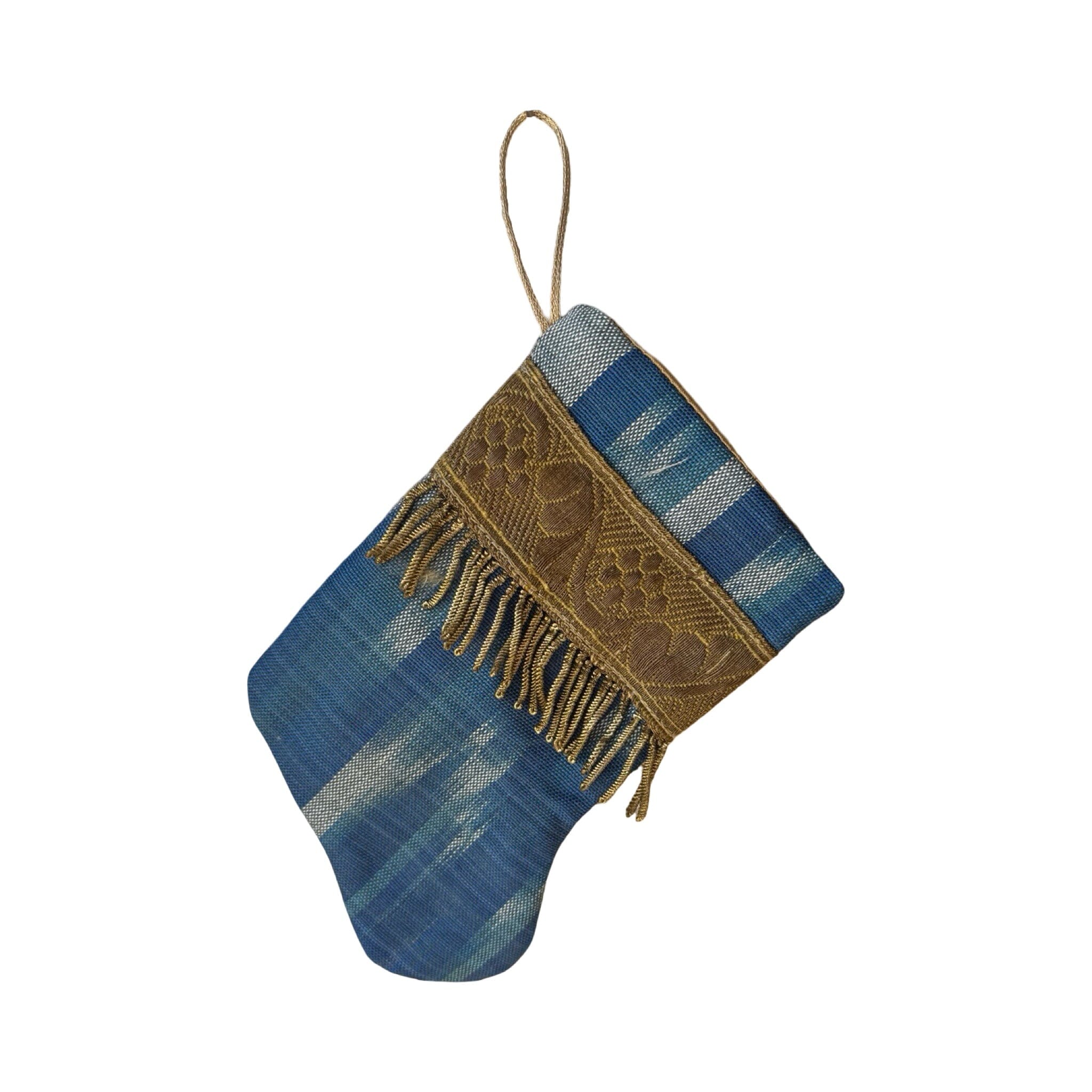 Handmade Mini Stocking from Antique and Vintage Textiles - Blue Silk Ikat Ornament B. Viz Design M 