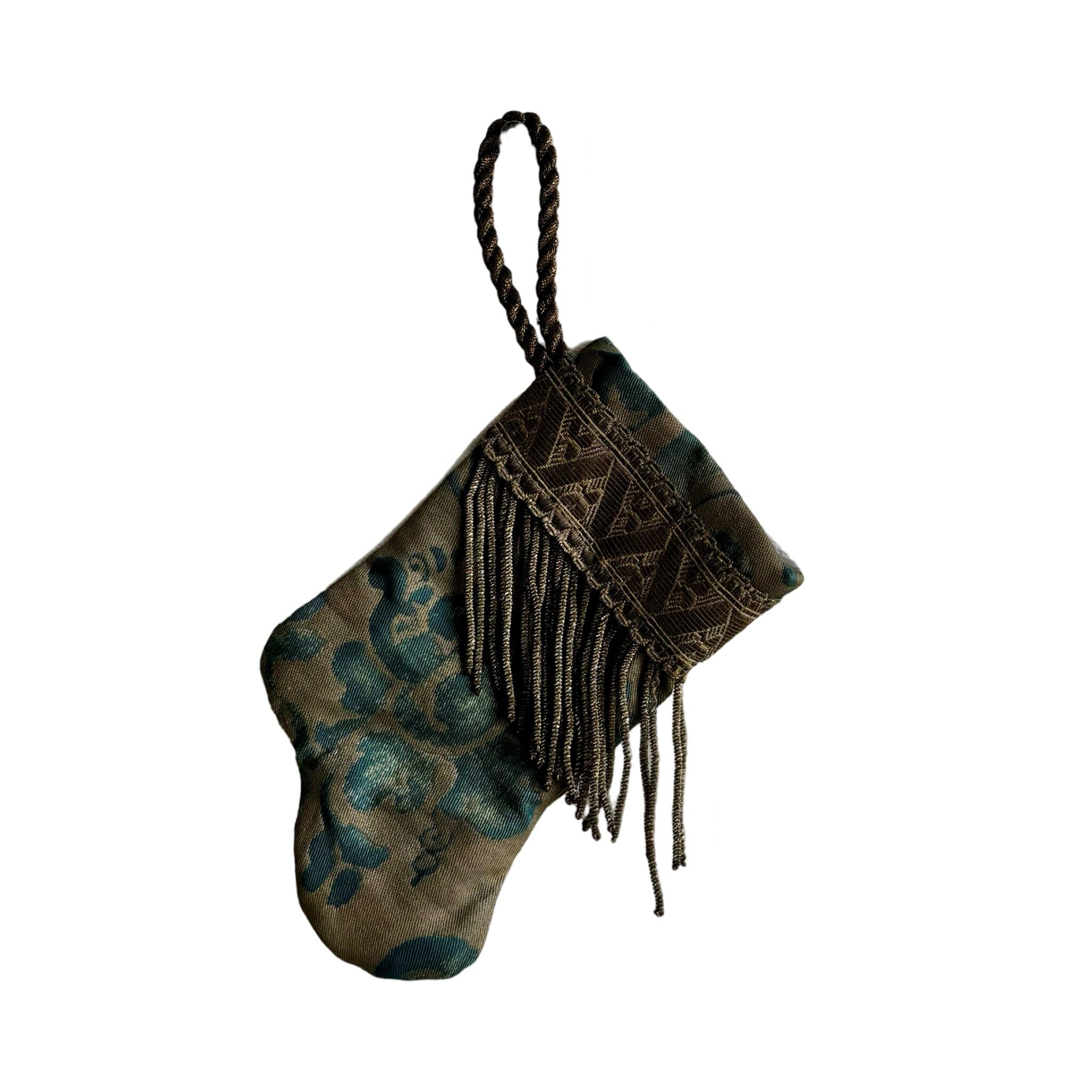 Handmade Mini Stocking from Antique Textiles - Aged Blue and Bronzed Silver Fortuny Ornament B. Viz Design A 