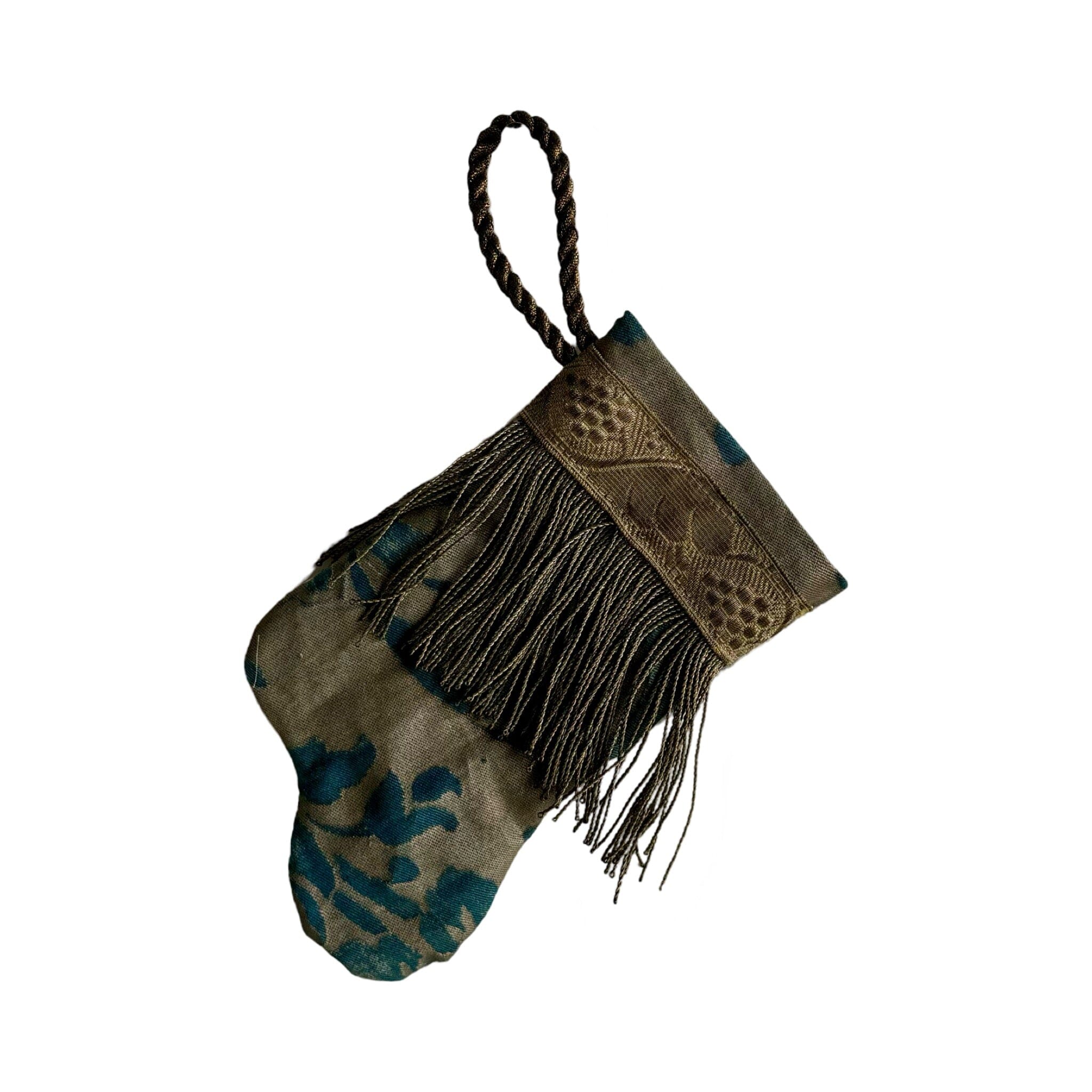 Handmade Mini Stocking from Antique Textiles - Aged Blue and Bronzed Silver Fortuny Ornament B. Viz Design D 