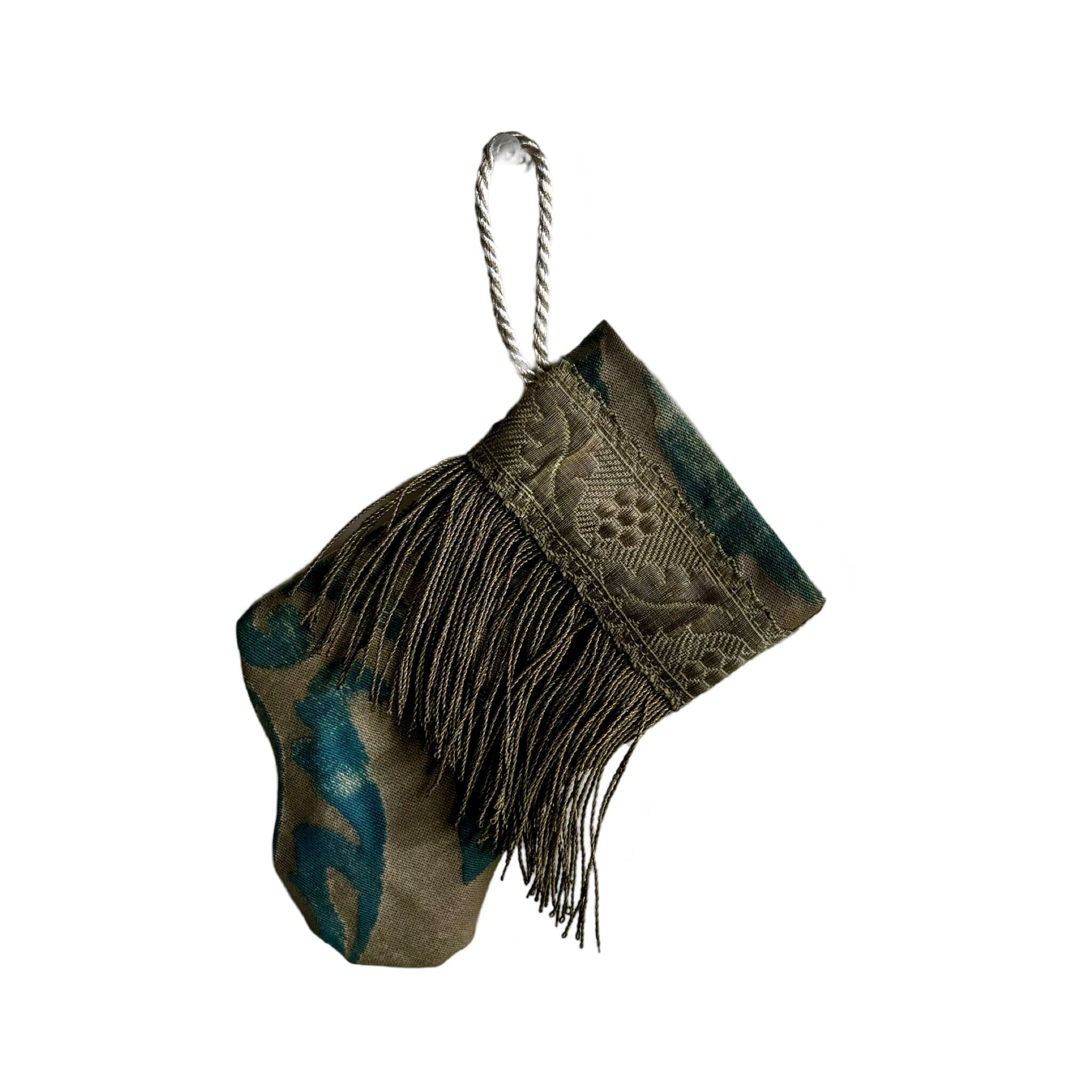 Handmade Mini Stocking from Antique Textiles - Aged Blue and Bronzed Silver Fortuny Ornament B. Viz Design E 