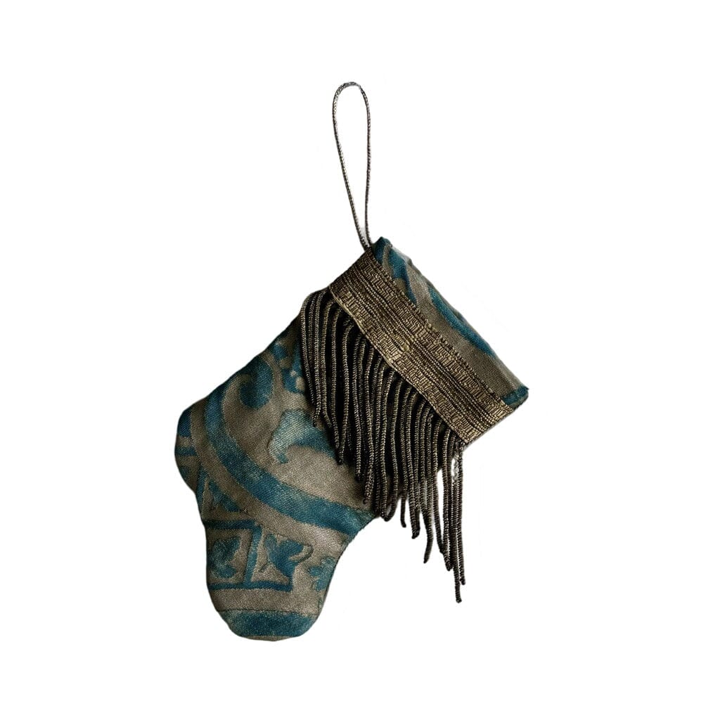 Handmade Mini Stocking from Antique Textiles - Aged Blue and Bronzed Silver Fortuny Ornament B. Viz Design F 