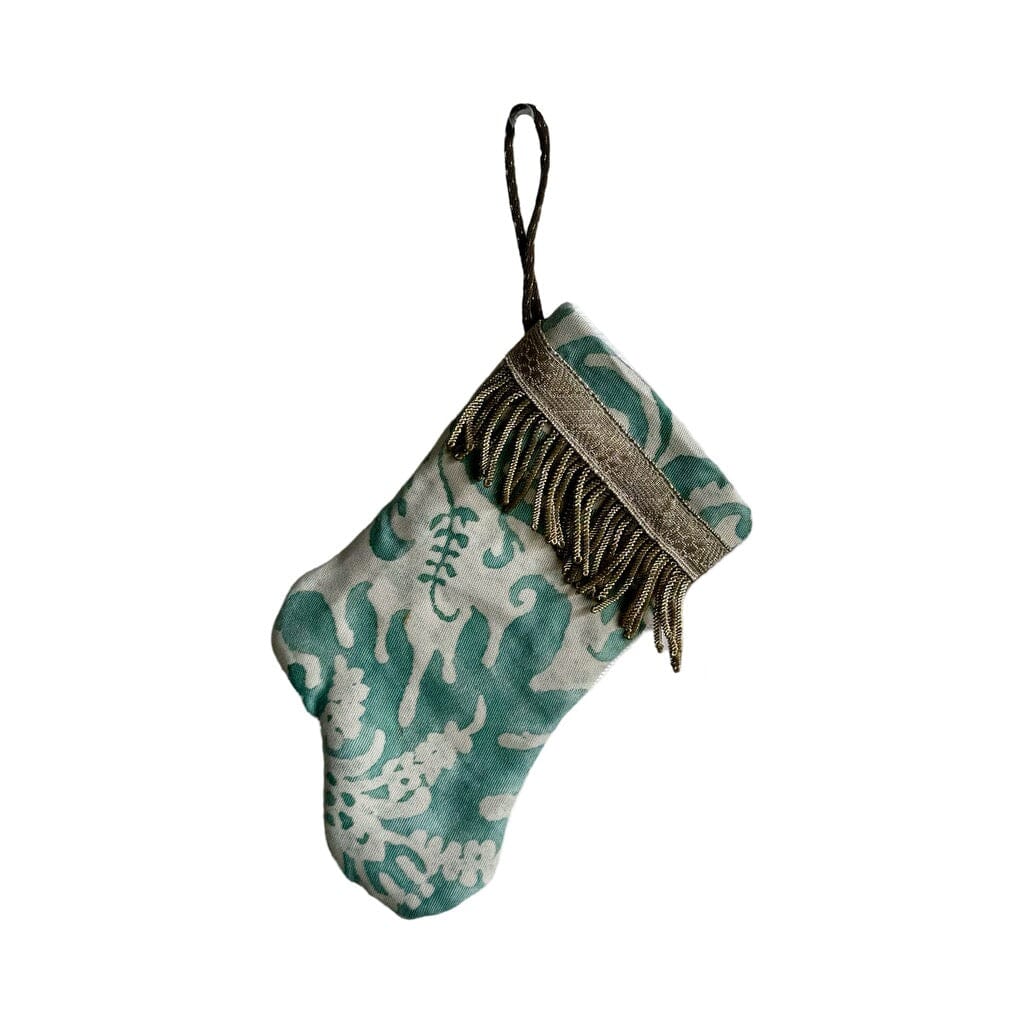 Handmade Mini Stocking from Antique Textiles - Aqua and White Fortuny Ornament B. Viz Design B 