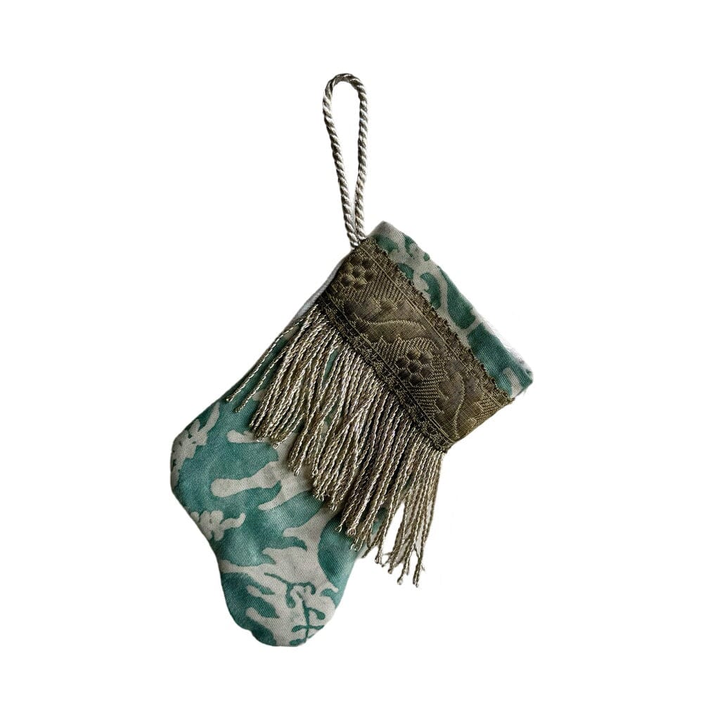 Handmade Mini Stocking from Antique Textiles - Aqua and White Fortuny Ornament B. Viz Design C 