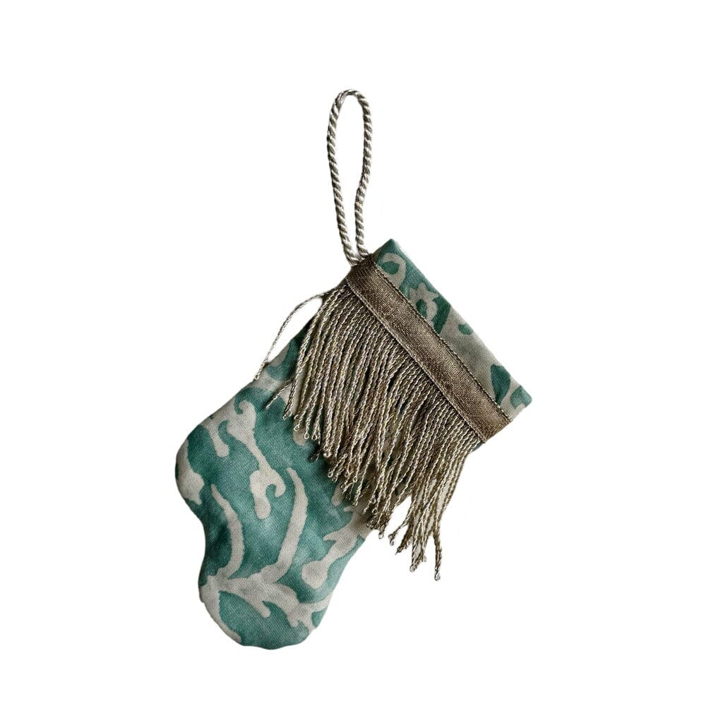 Handmade Mini Stocking from Antique Textiles - Aqua and White Fortuny Ornament B. Viz Design D 