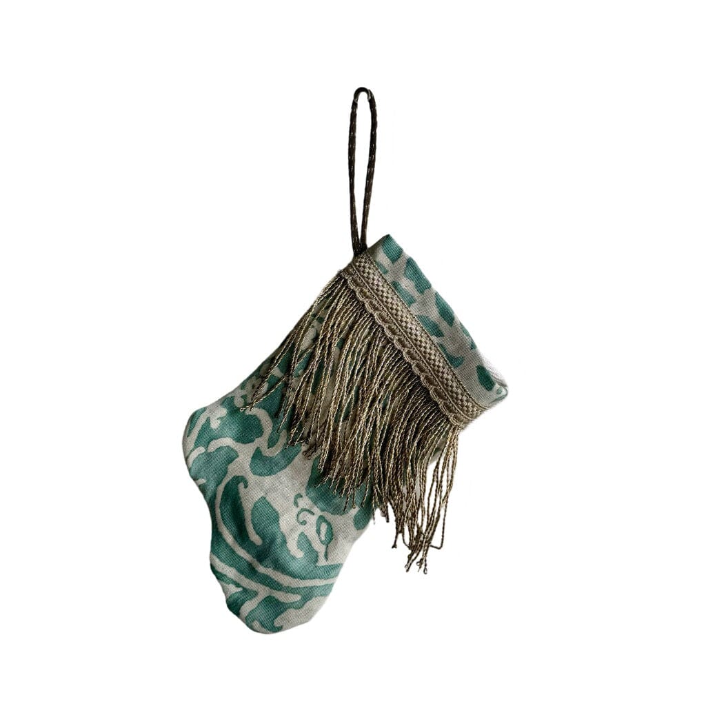 Handmade Mini Stocking from Antique Textiles - Aqua and White Fortuny Ornament B. Viz Design E 