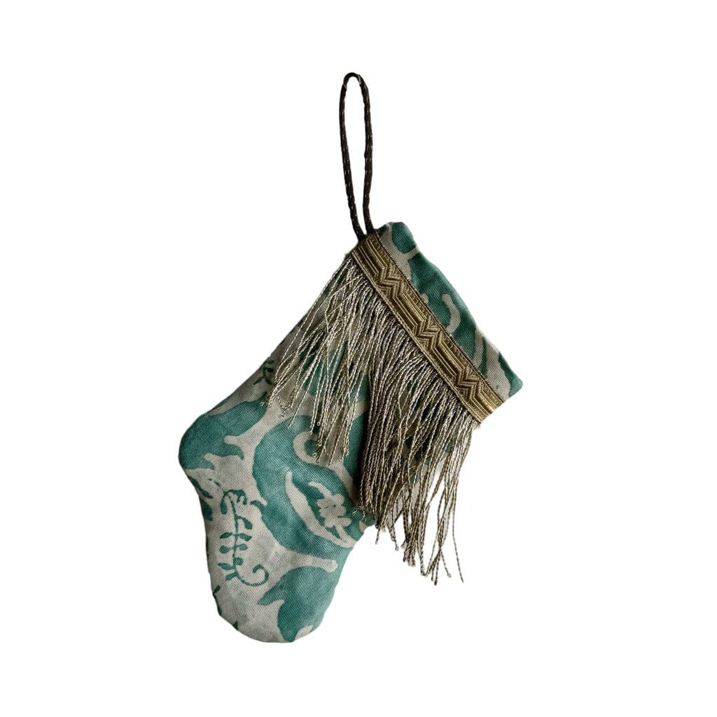 Handmade Mini Stocking from Antique Textiles - Aqua and White Fortuny Ornament B. Viz Design G 