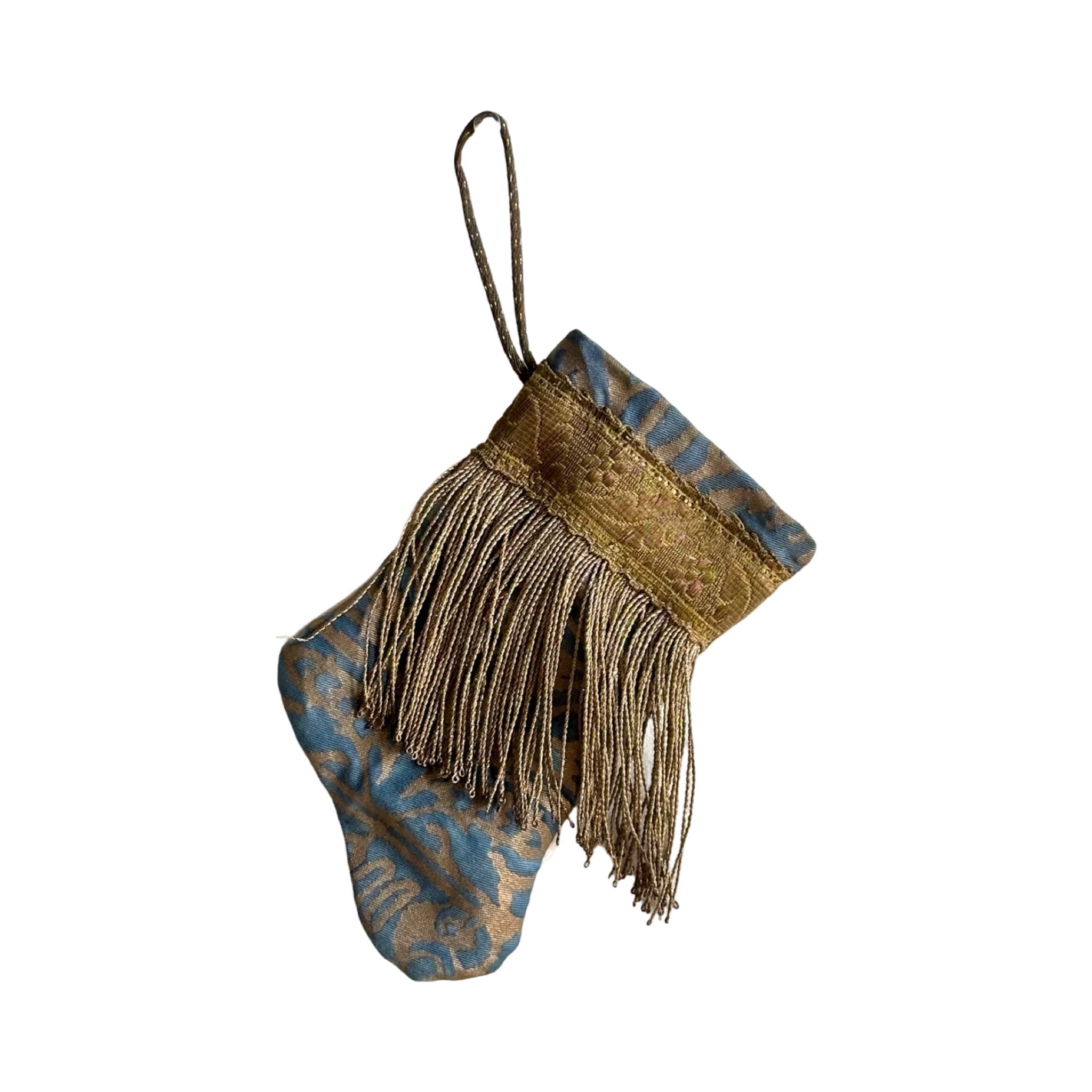 Handmade Mini Stocking from Antique Textiles - Blue and Bronze Fortuny Ornament B. Viz Design A 