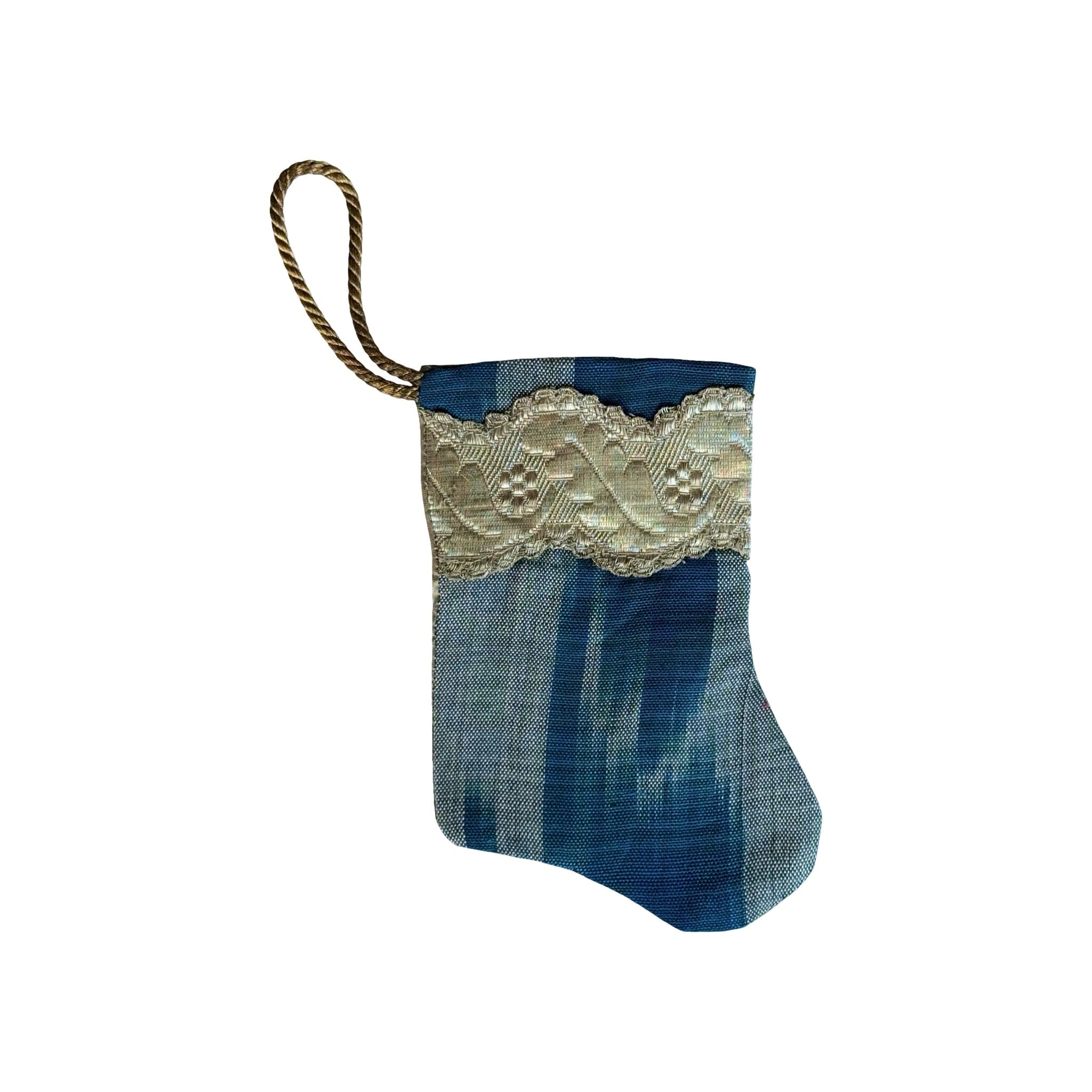 Handmade Mini Stocking from Antique Textiles - Blue Silk Ikat Ornament B. Viz Design A 