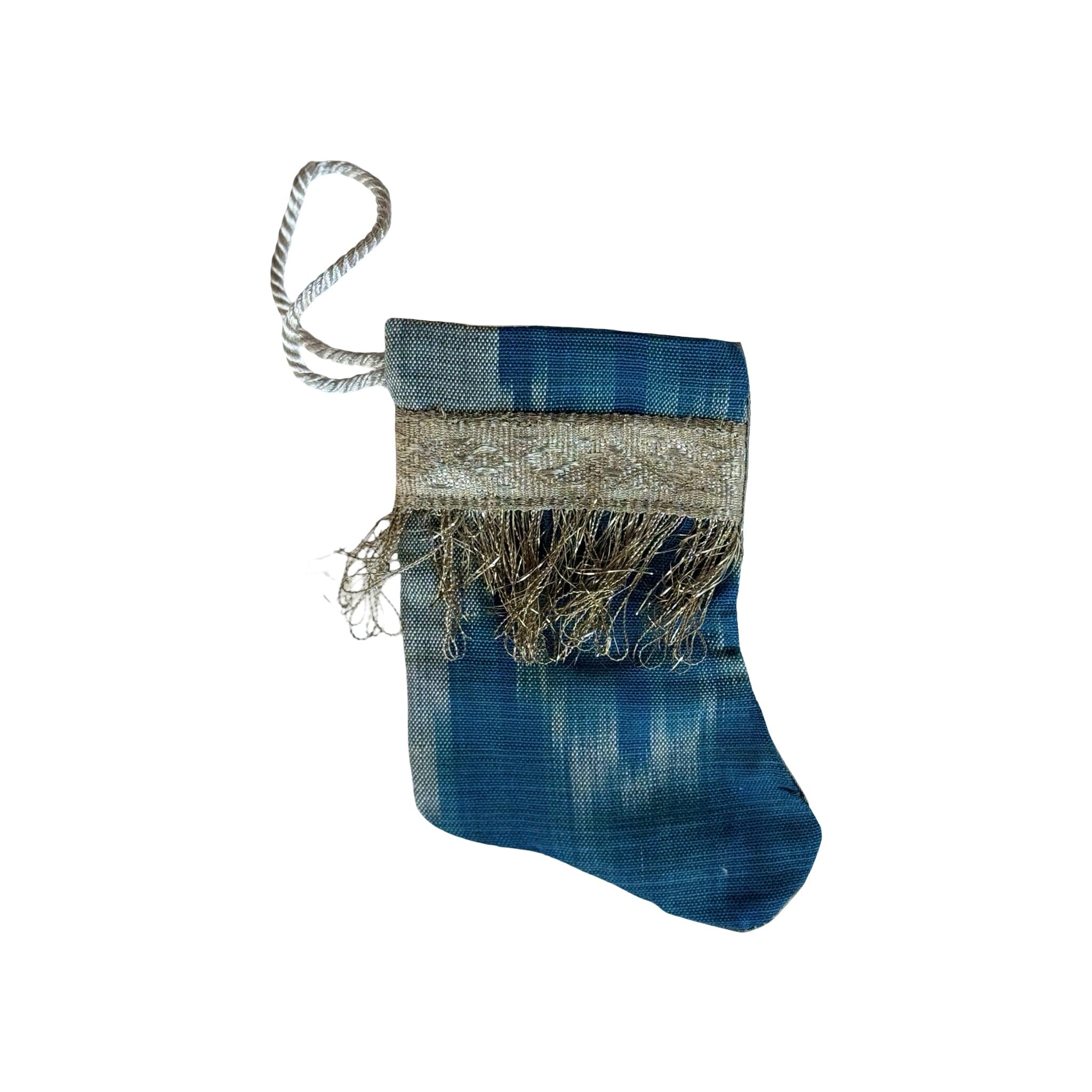 Handmade Mini Stocking from Antique Textiles - Blue Silk Ikat Ornament B. Viz Design B 