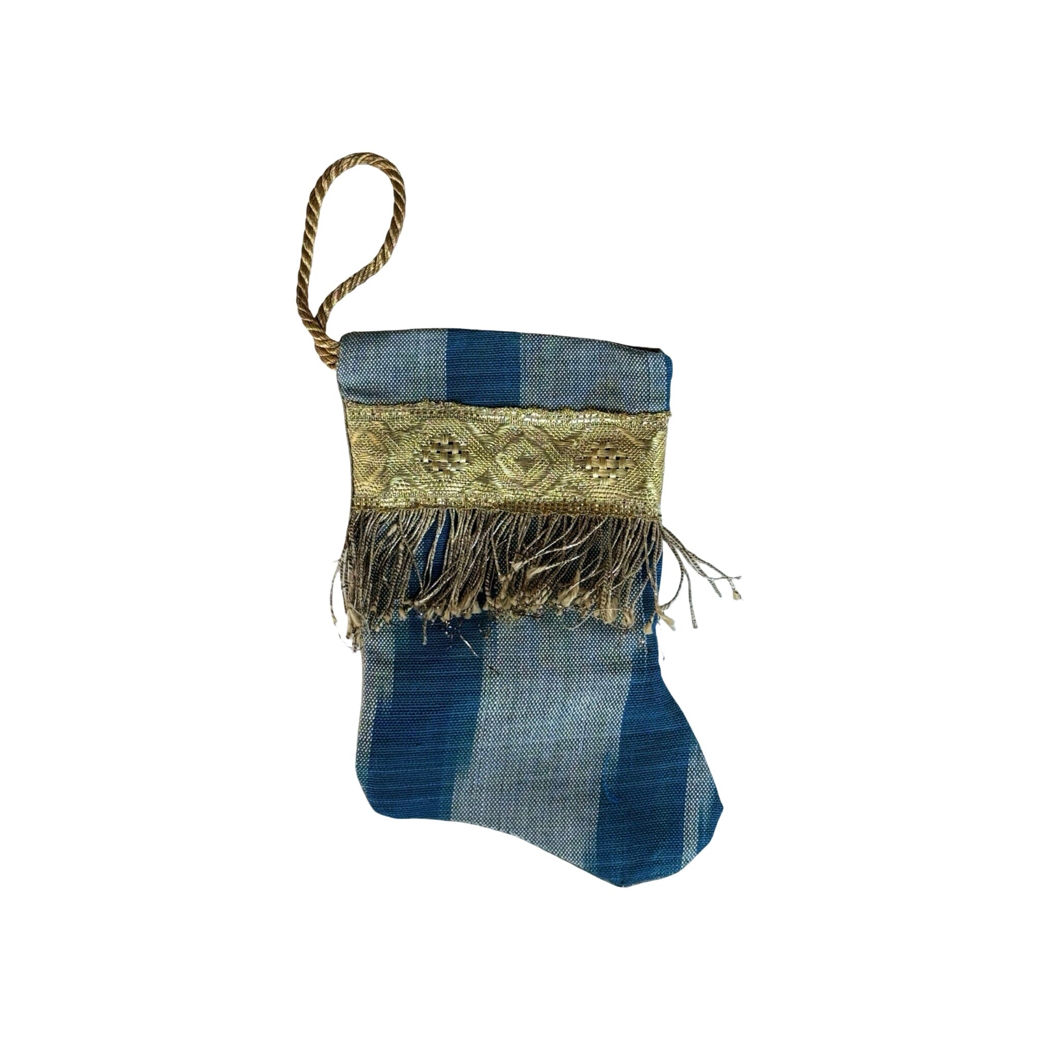 Handmade Mini Stocking from Antique Textiles - Blue Silk Ikat Ornament B. Viz Design D 