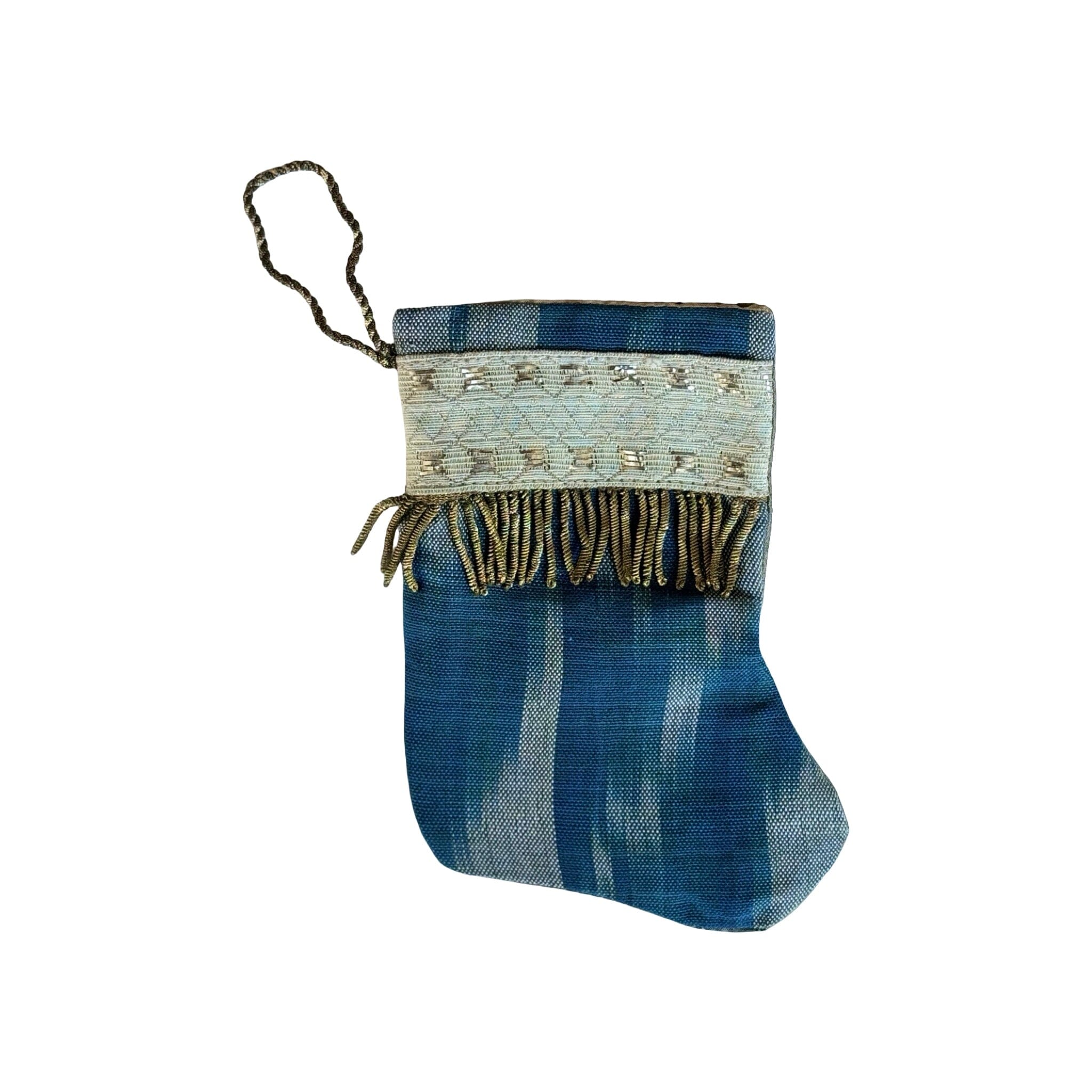 Handmade Mini Stocking from Antique Textiles - Blue Silk Ikat Ornament B. Viz Design F 