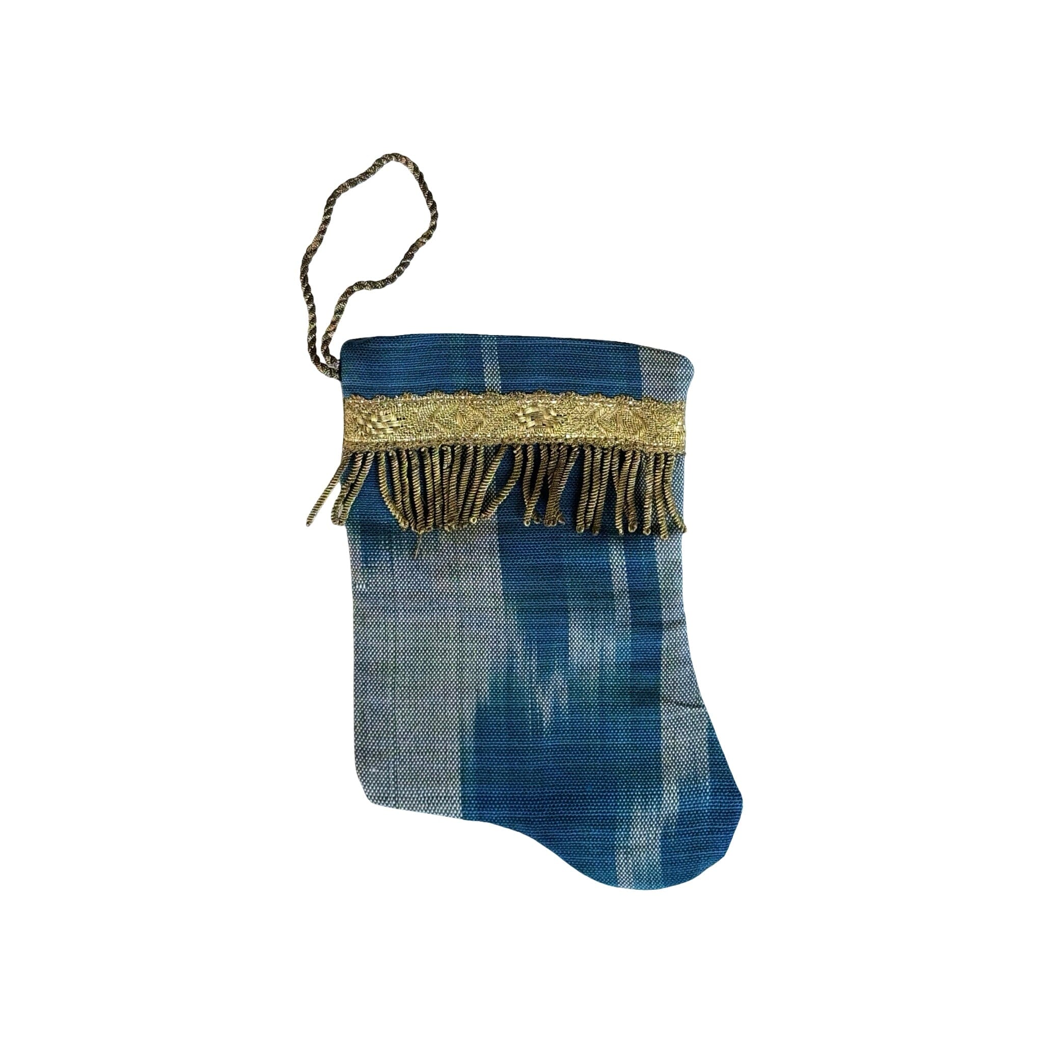 Handmade Mini Stocking from Antique Textiles - Blue Silk Ikat Ornament B. Viz Design H 