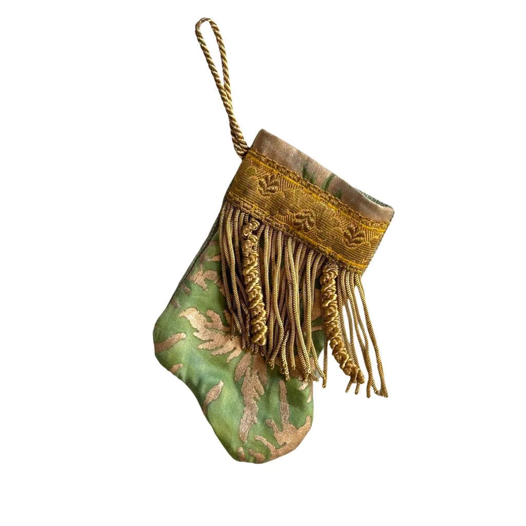 Handmade Mini Stocking from Antique Textiles - Bronzed Gold and Green Fortuny Ornament B. Viz Design A 