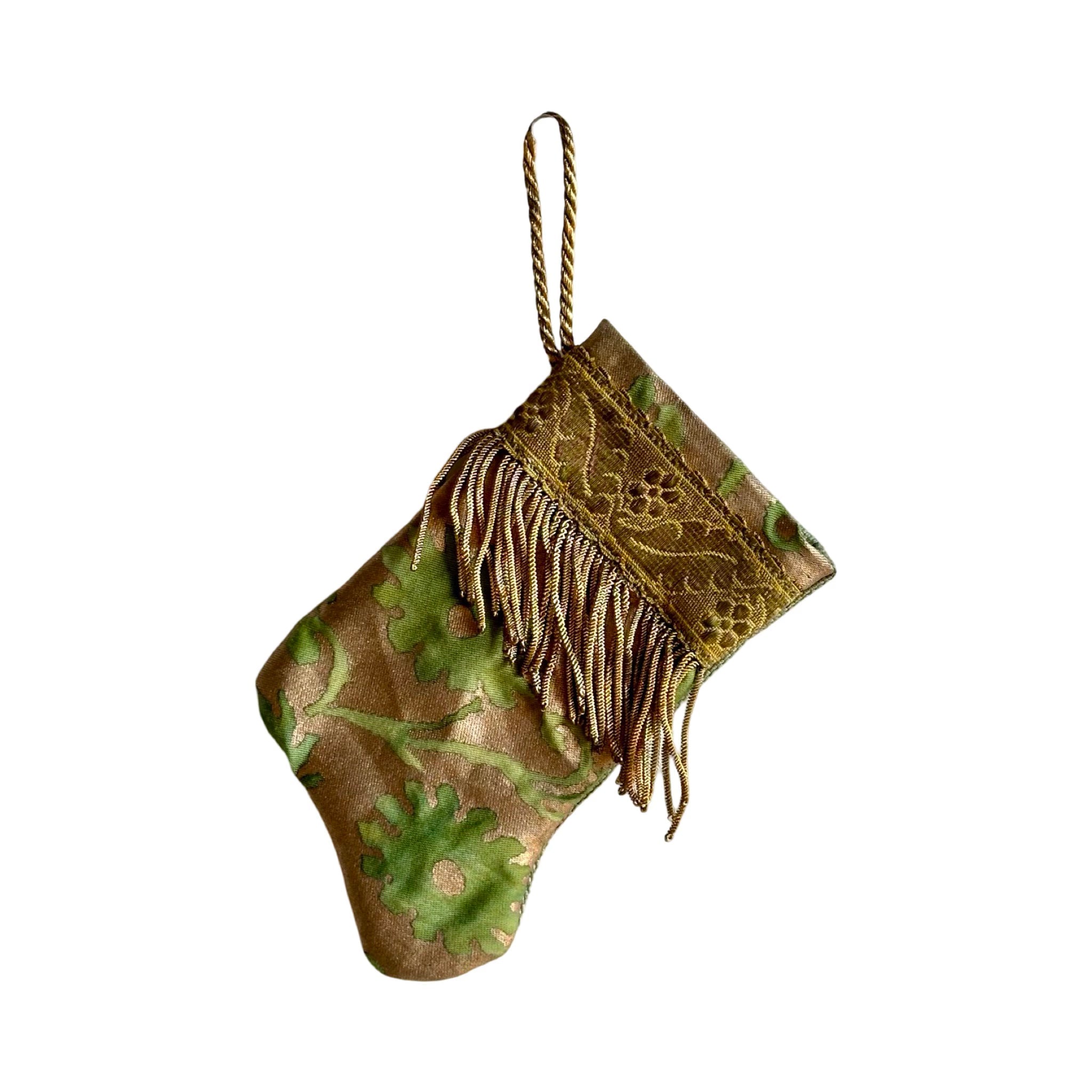 Handmade Mini Stocking from Antique Textiles - Bronzed Gold and Green Fortuny Ornament B. Viz Design F 