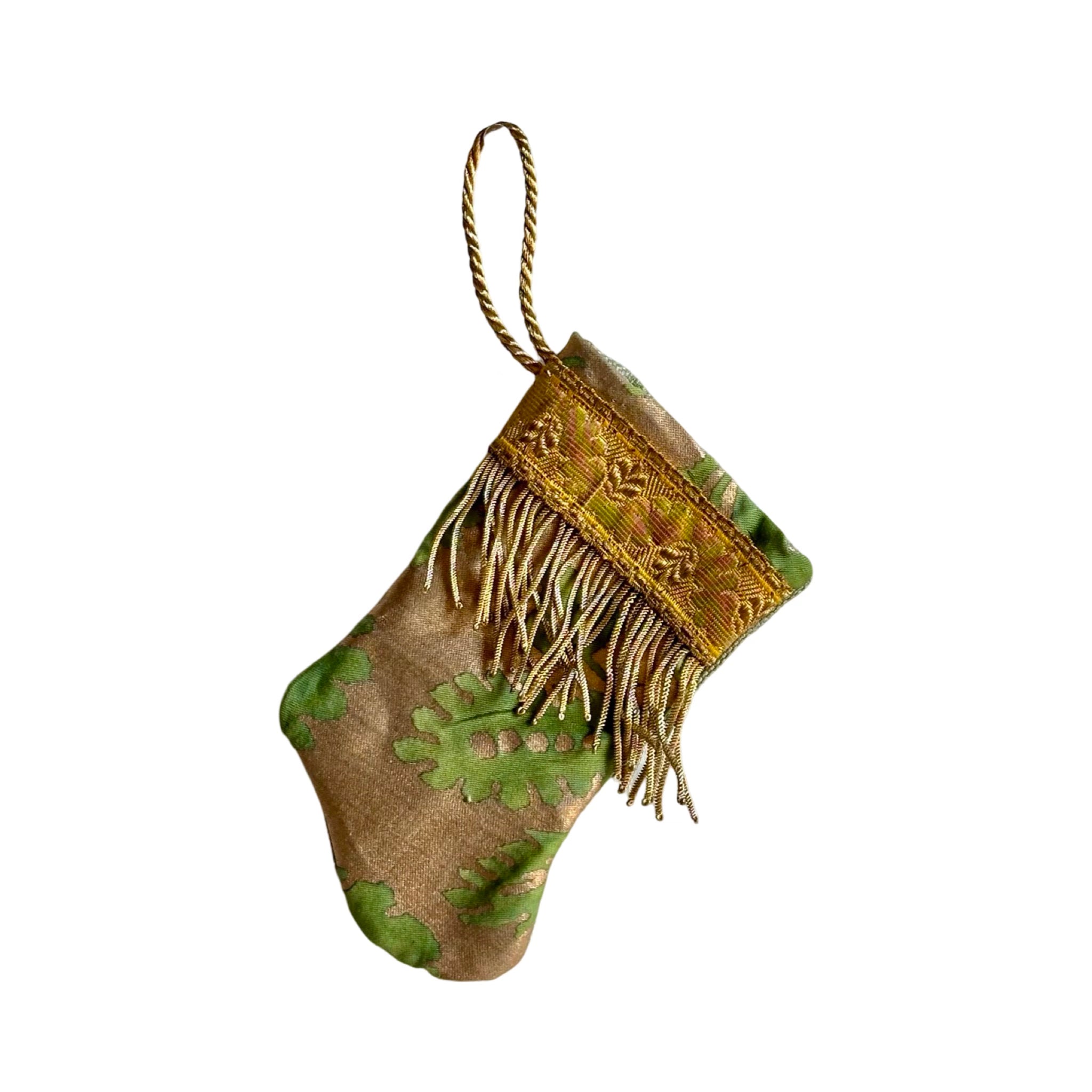 Handmade Mini Stocking from Antique Textiles - Bronzed Gold and Green Fortuny Ornament B. Viz Design H 