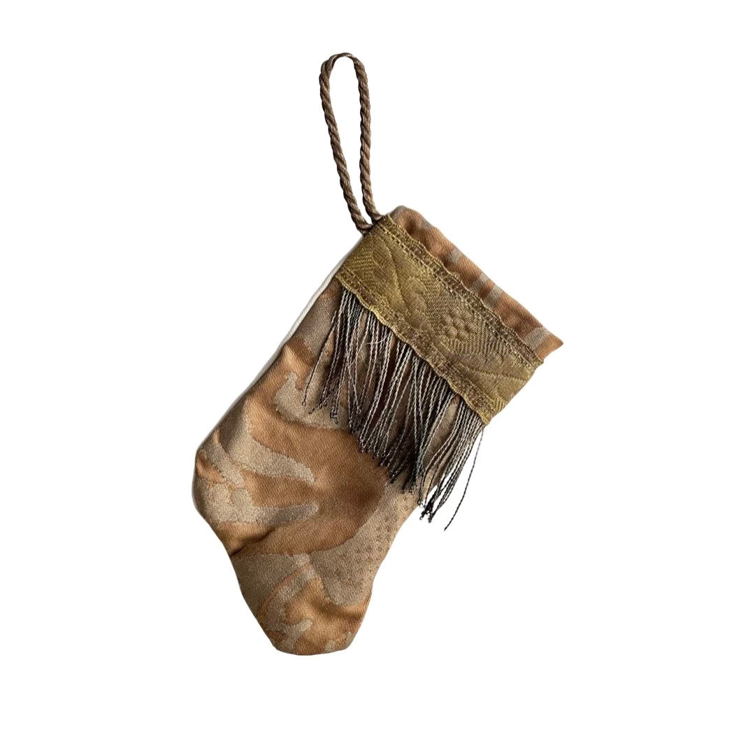 Handmade Mini Stocking from Antique Textiles - Bronzed Gold and Metallic Fortuny Ornament B. Viz Design A 