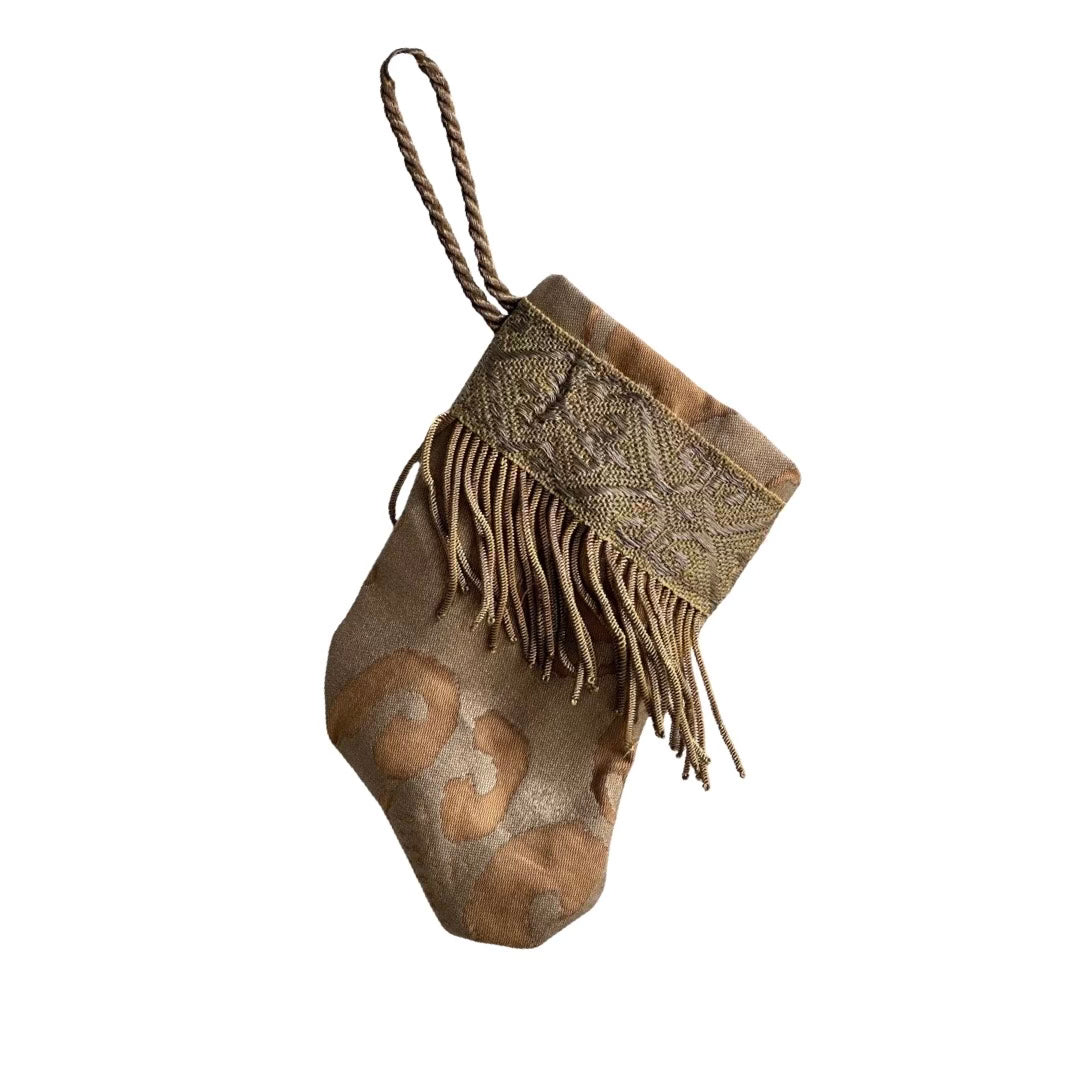 Handmade Mini Stocking from Antique Textiles - Bronzed Gold and Metallic Fortuny Ornament B. Viz Design B 