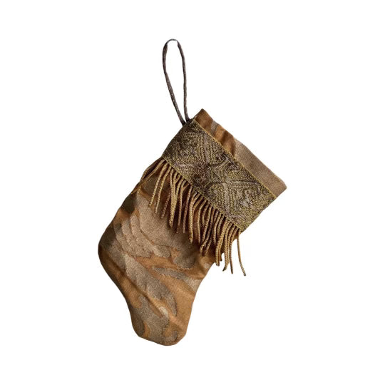 Handmade Mini Stocking from Antique Textiles - Bronzed Gold and Metallic Fortuny Ornament B. Viz Design D 