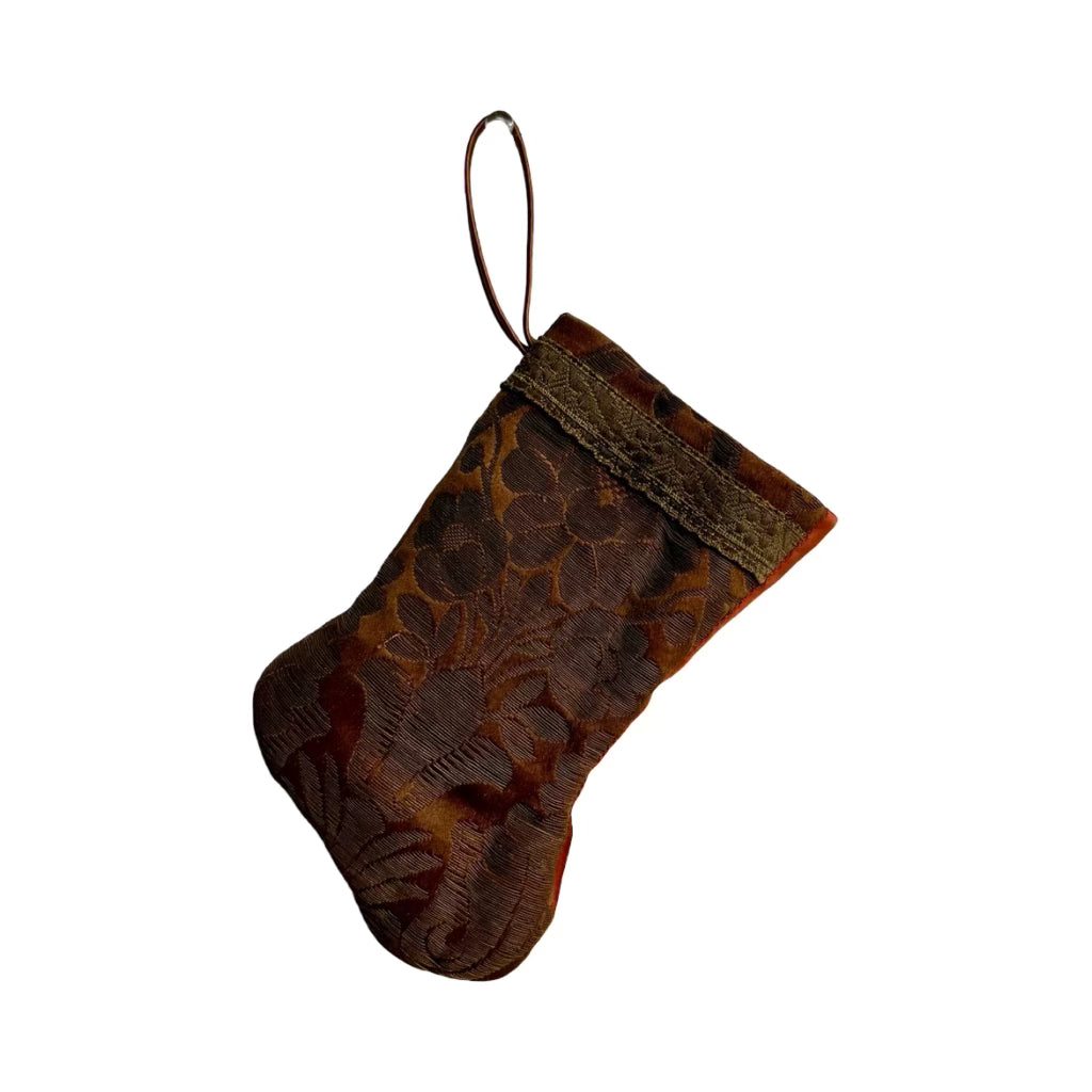 Handmade Mini Stocking from Antique Textiles - Brown and Bronze Ornament B. Viz Design F 