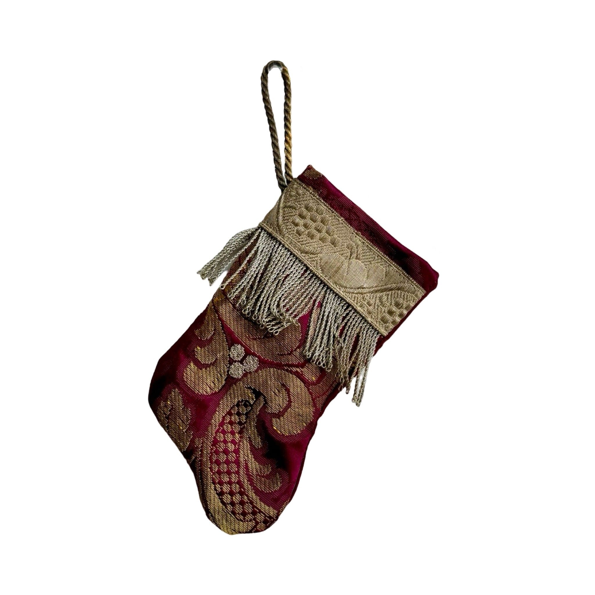 Handmade Mini Stocking from Antique Textiles - Burgundy and Gold Ornament B. Viz Design 