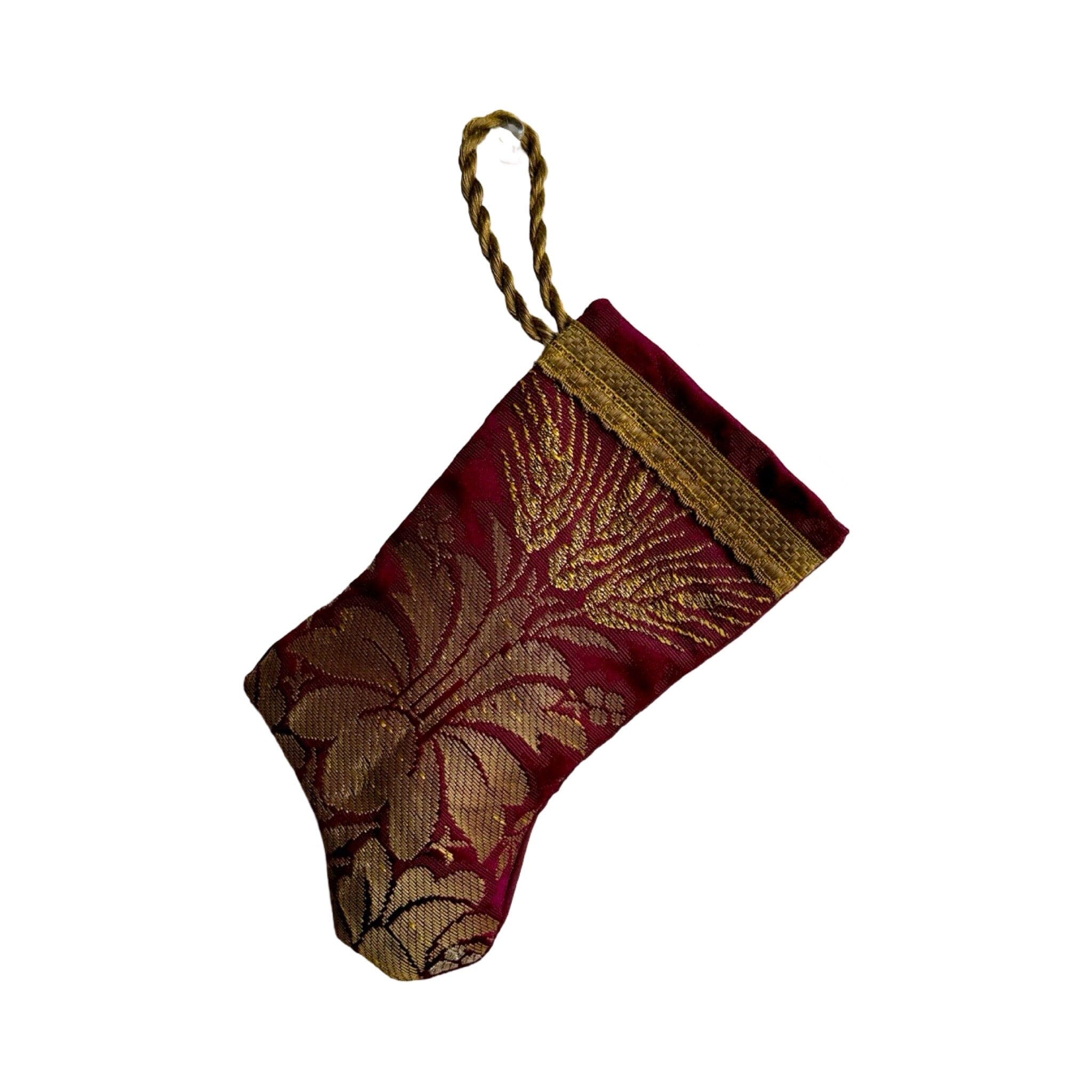 Handmade Mini Stocking from Antique Textiles - Burgundy and Gold Ornament B. Viz Design B 