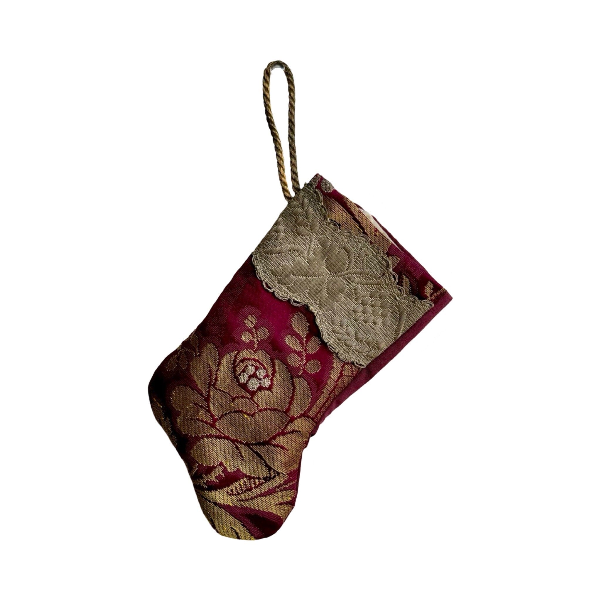 Handmade Mini Stocking from Antique Textiles - Burgundy and Gold Ornament B. Viz Design C 