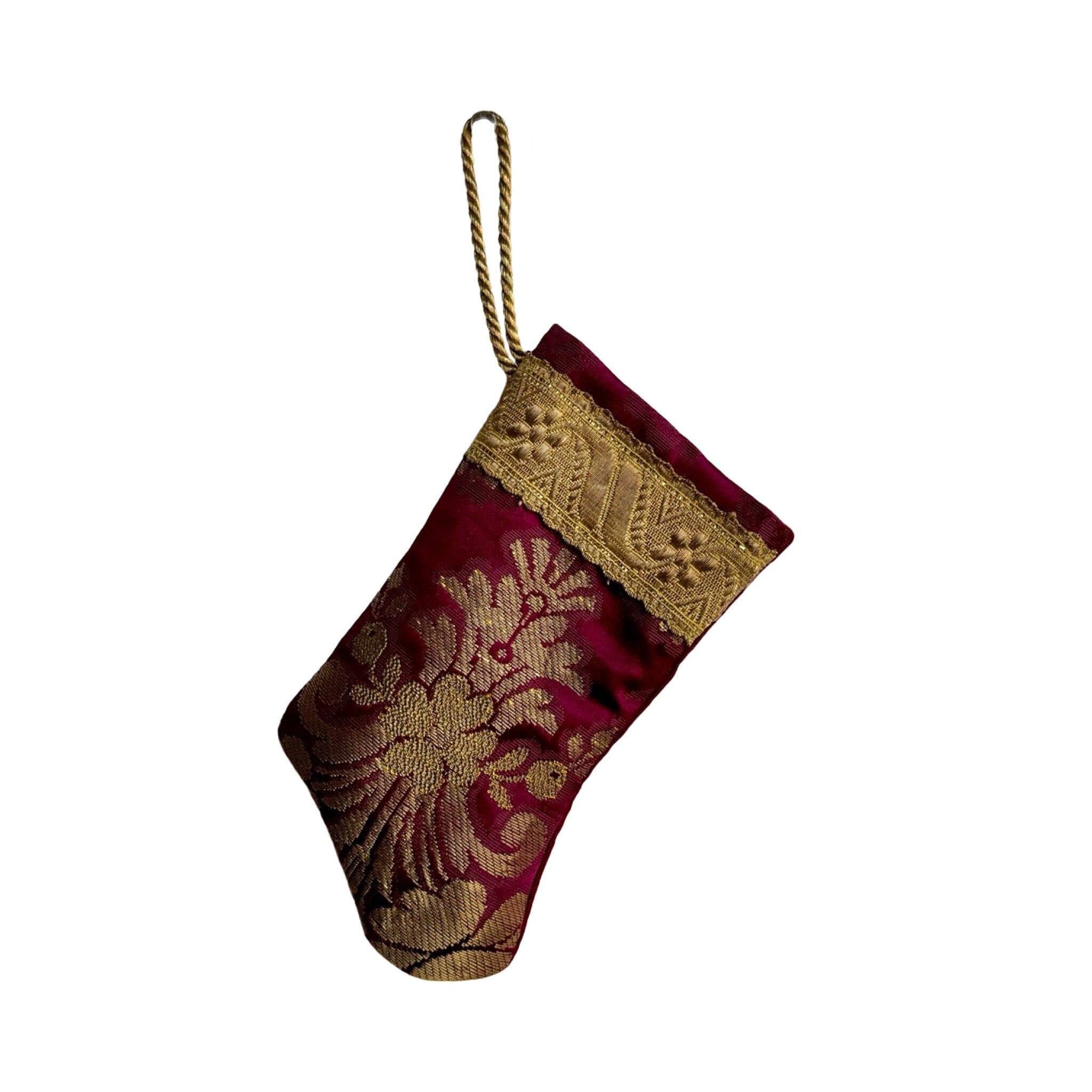 Handmade Mini Stocking from Antique Textiles - Burgundy and Gold Ornament B. Viz Design D 