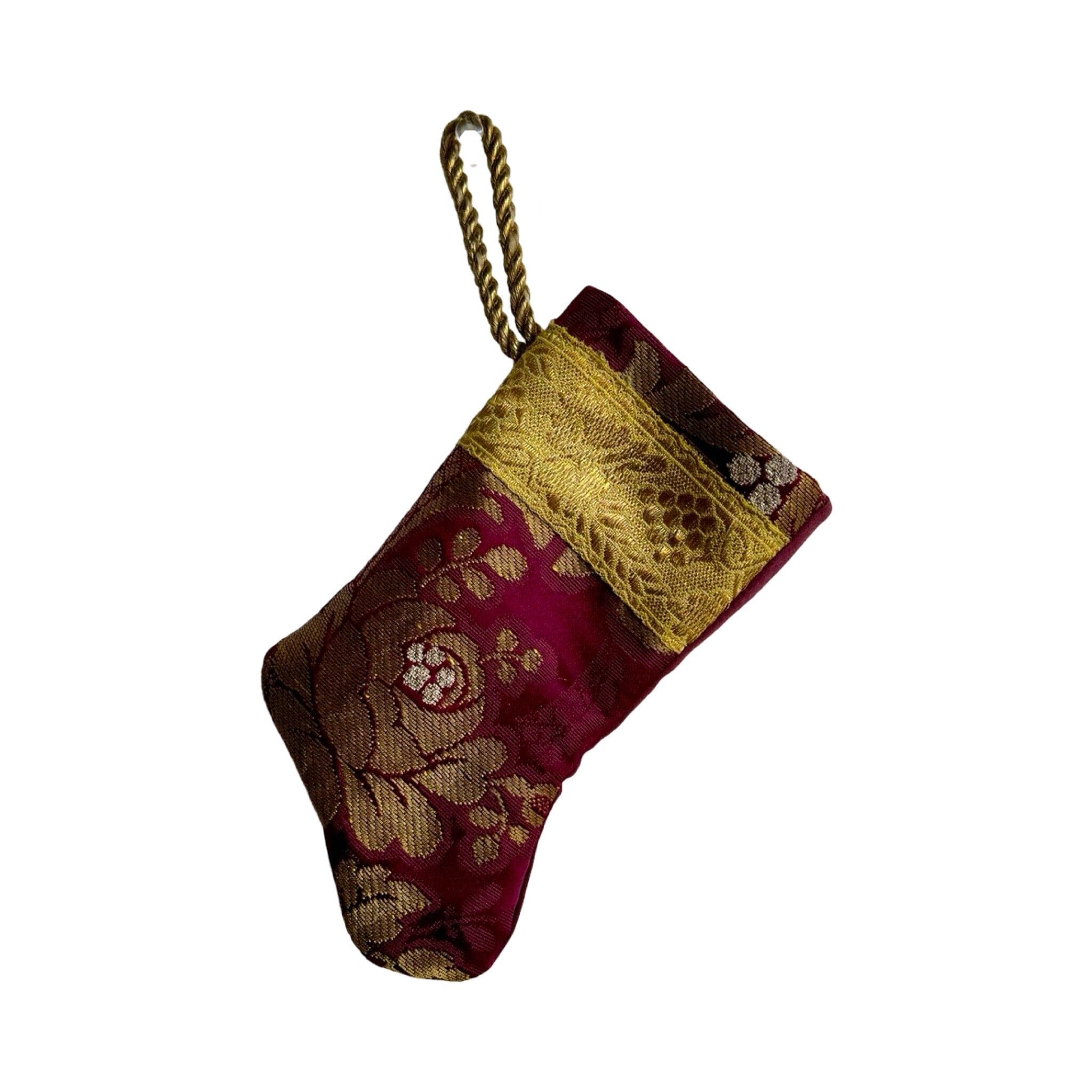 Handmade Mini Stocking from Antique Textiles - Burgundy and Gold Ornament B. Viz Design E 