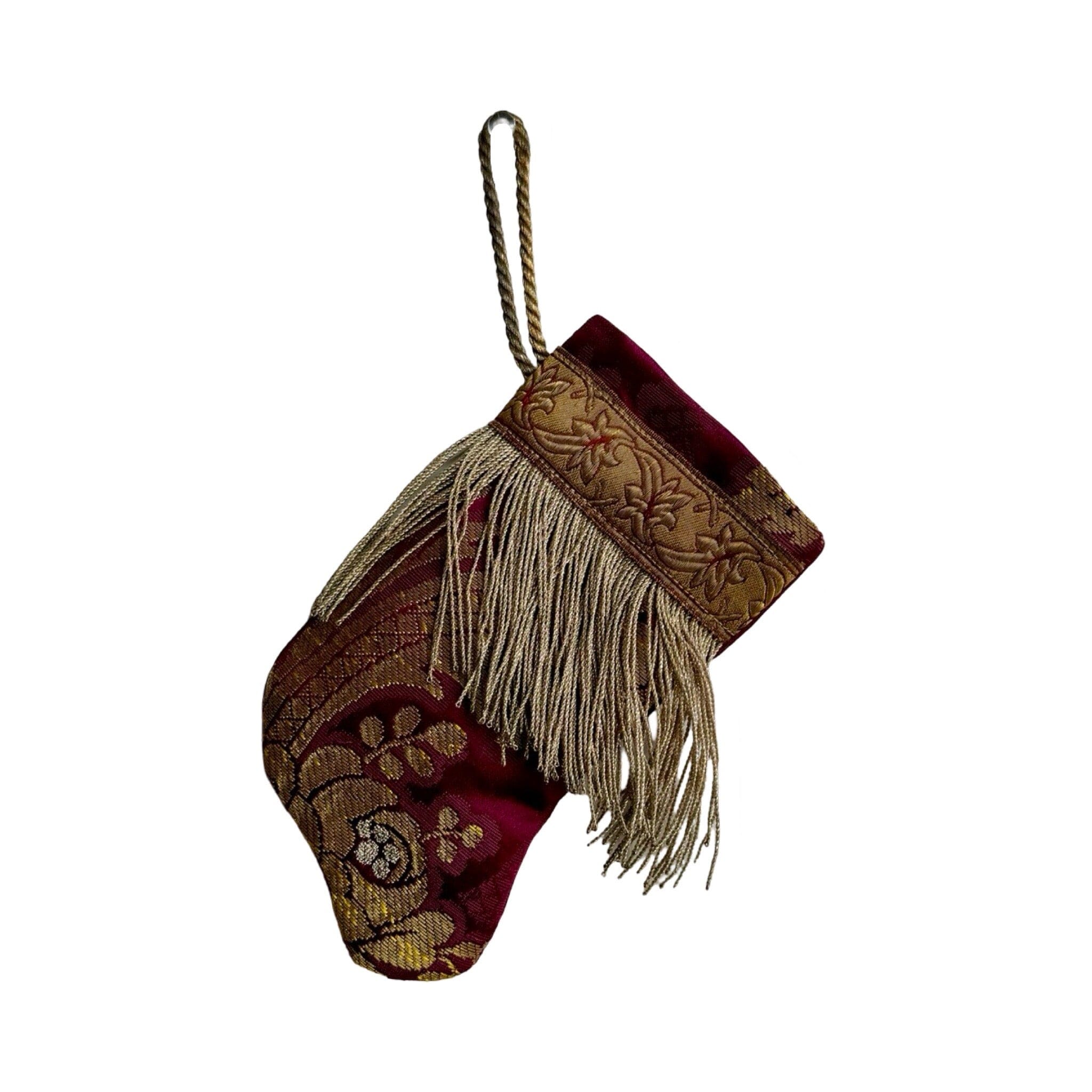 Handmade Mini Stocking from Antique Textiles - Burgundy and Gold Ornament B. Viz Design F 