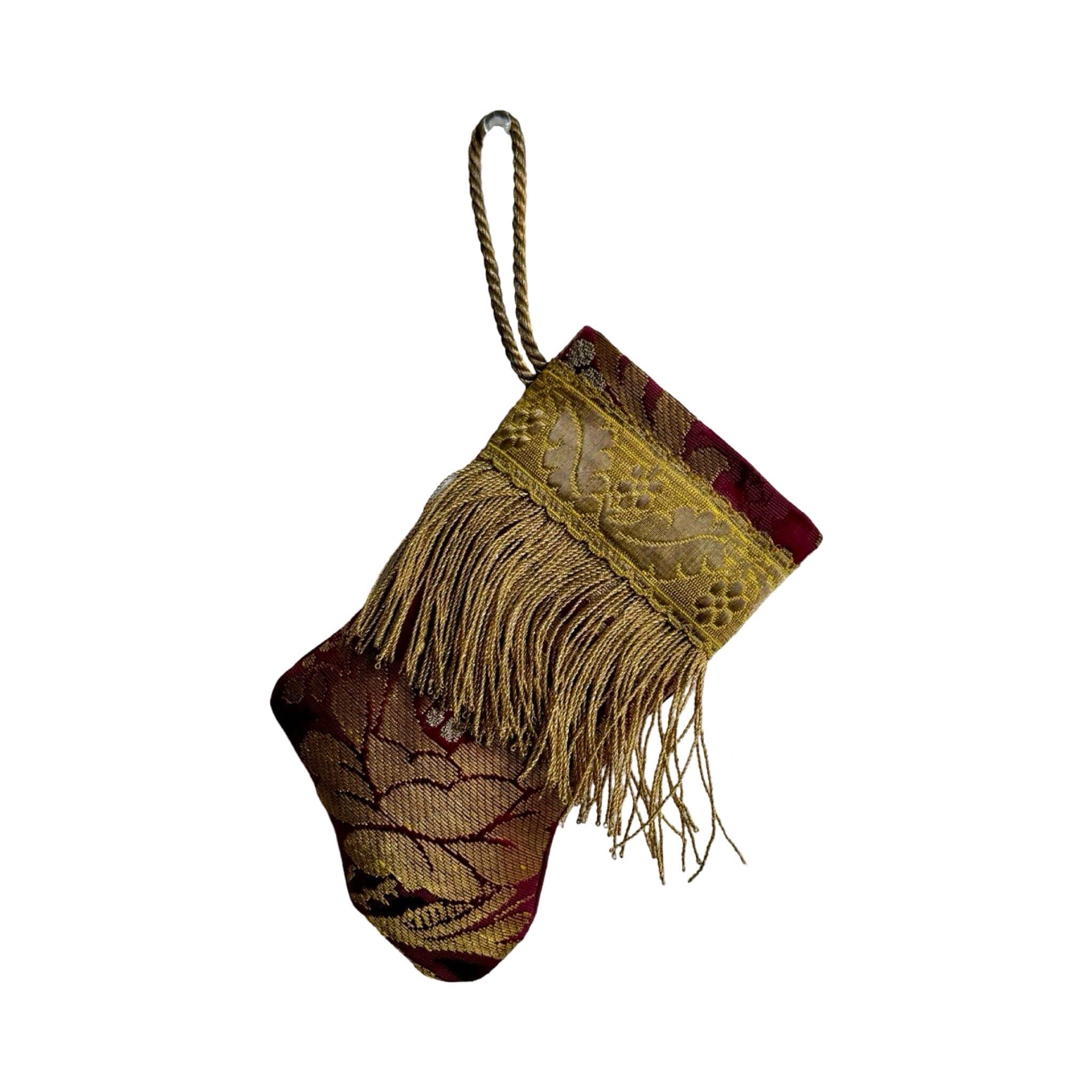 Handmade Mini Stocking from Antique Textiles - Burgundy and Gold Ornament B. Viz Design H 