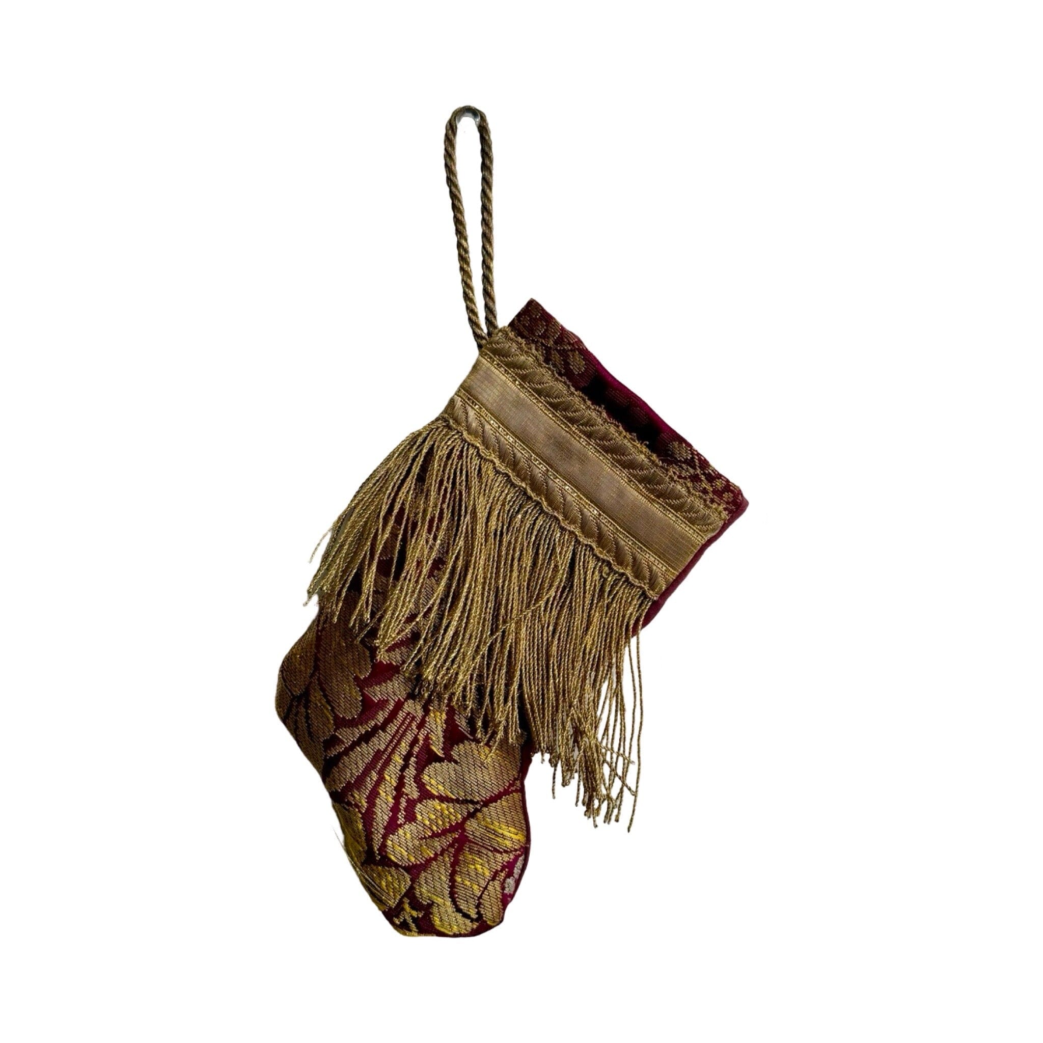 Handmade Mini Stocking from Antique Textiles - Burgundy and Gold Ornament B. Viz Design J 