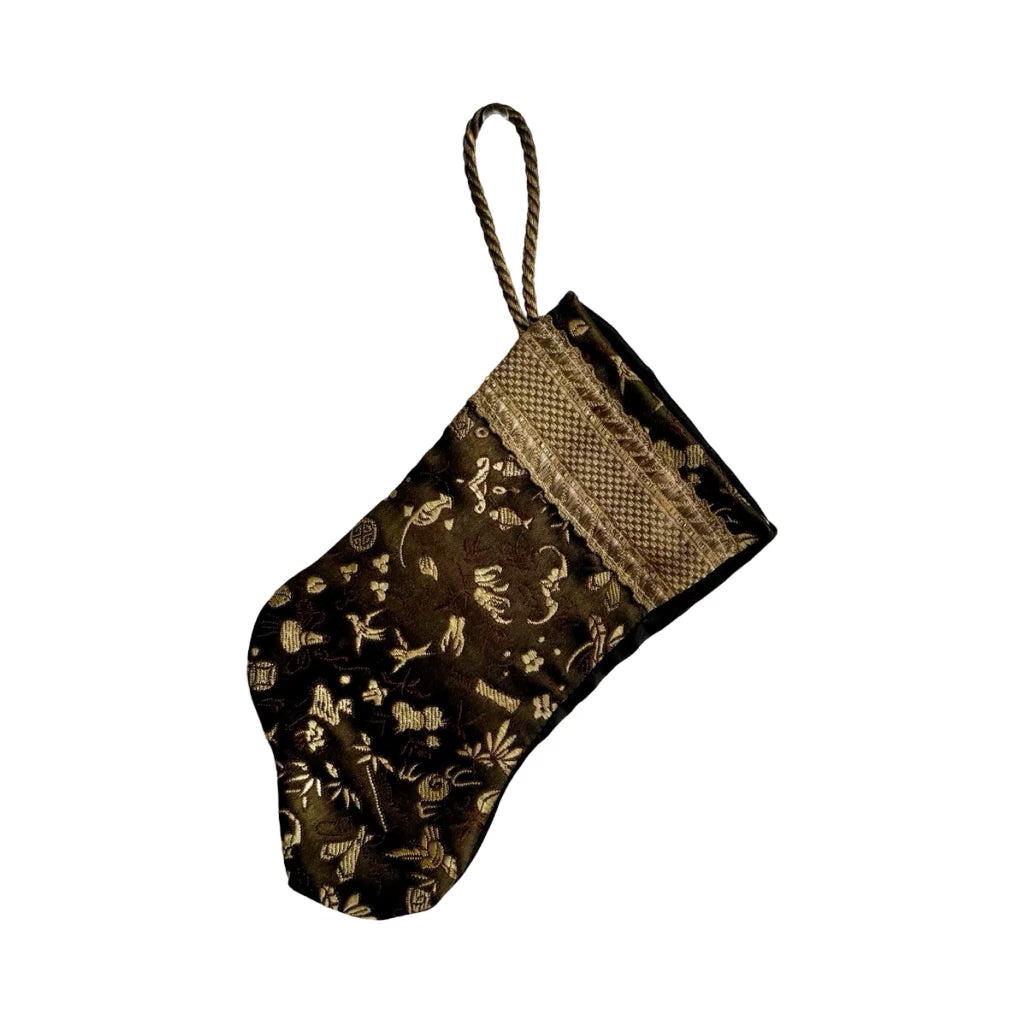 Handmade Mini Stocking from Antique Textiles - Chinese Brown and Gold Ornament B. Viz Design A 