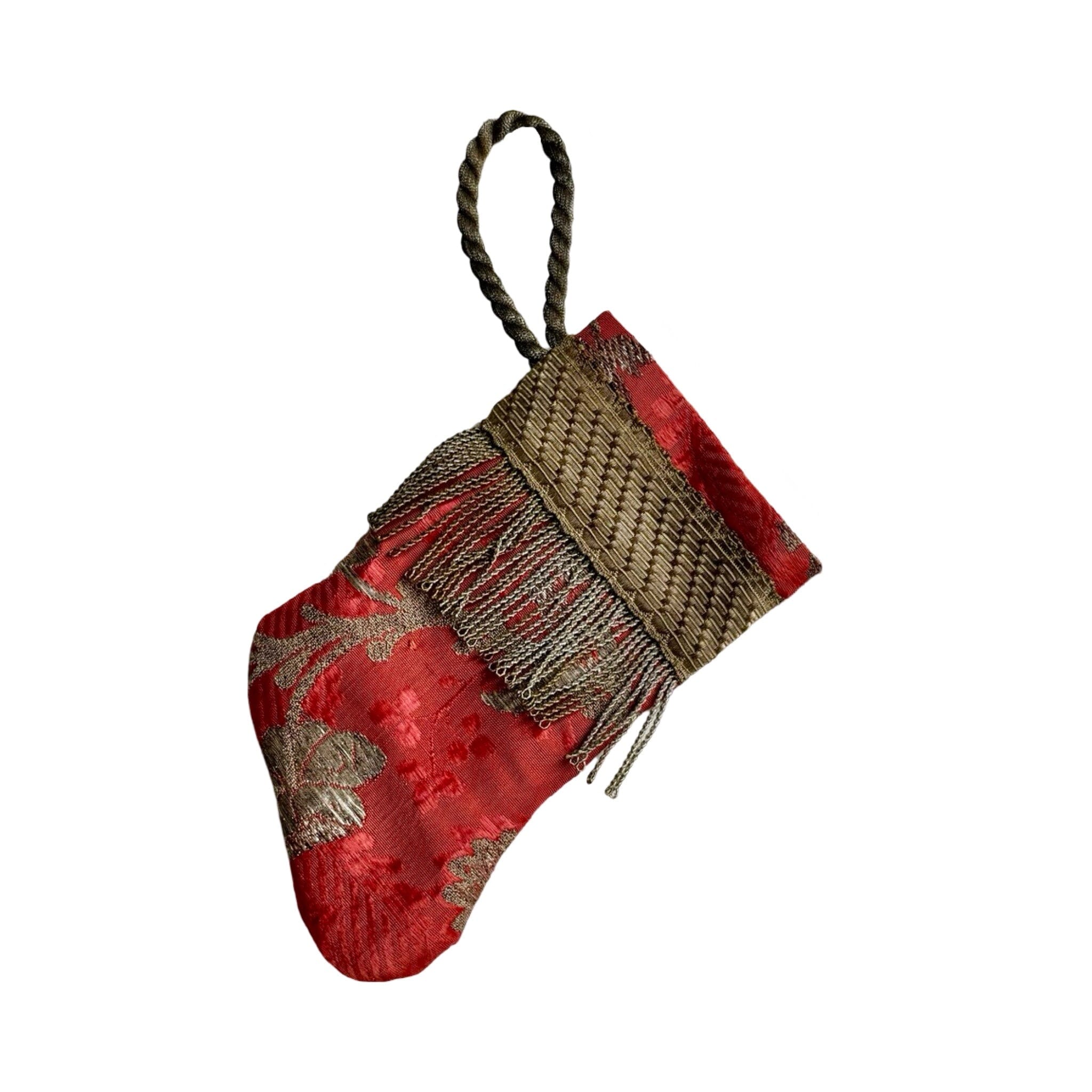 Handmade Mini Stocking from Antique Textiles - Coral and Silver Ornament B. Viz Design C 