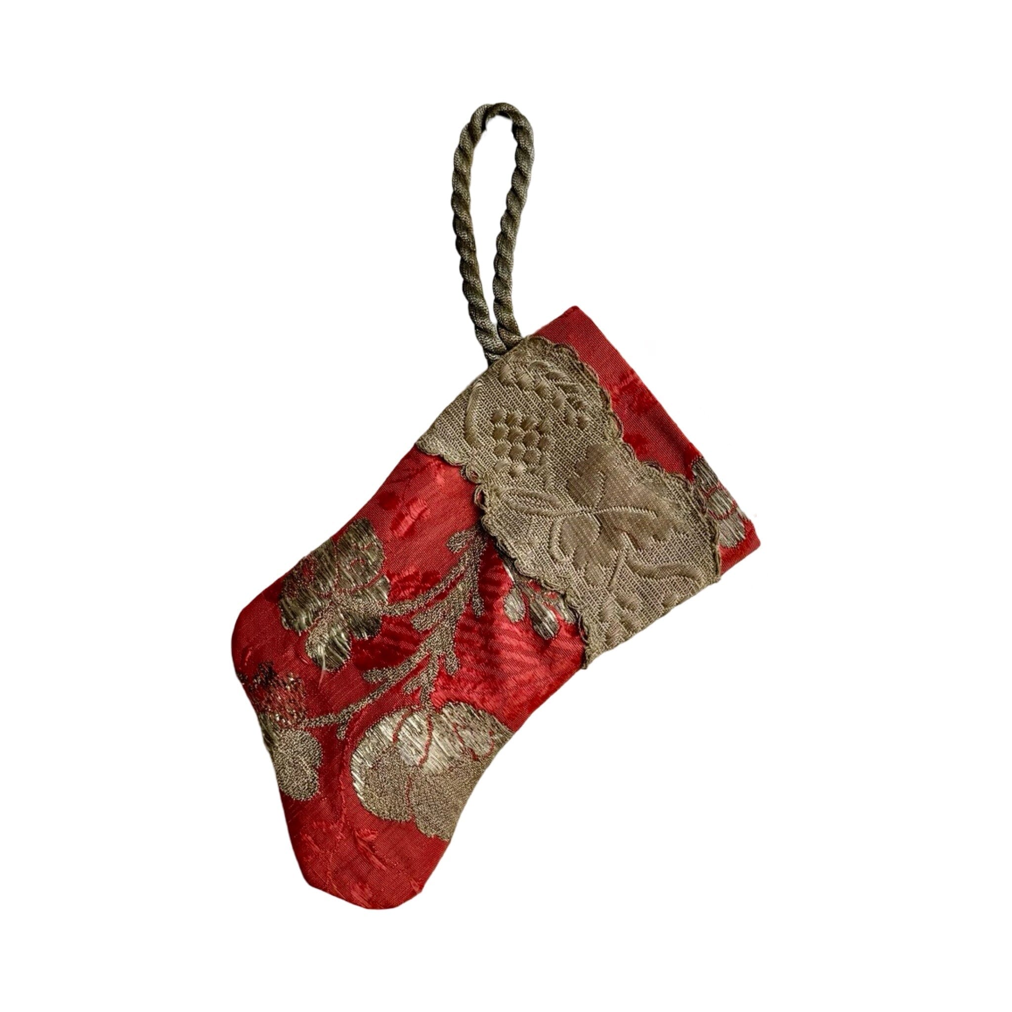 Handmade Mini Stocking from Antique Textiles - Coral and Silver Ornament B. Viz Design D 