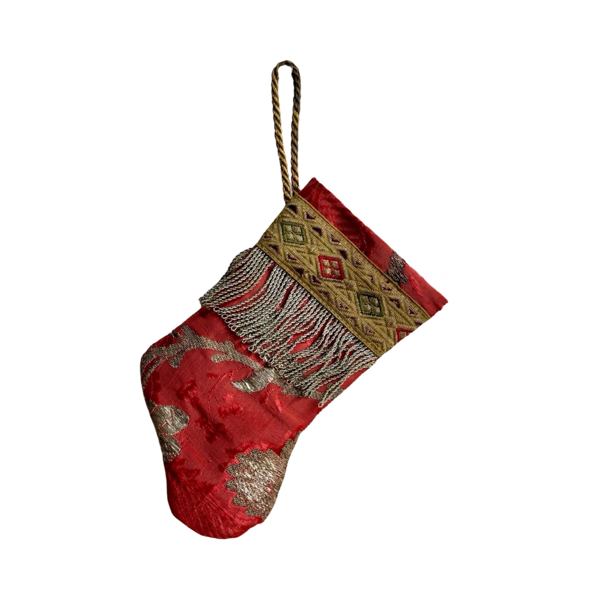 Handmade Mini Stocking from Antique Textiles - Coral and Silver Ornament B. Viz Design F 