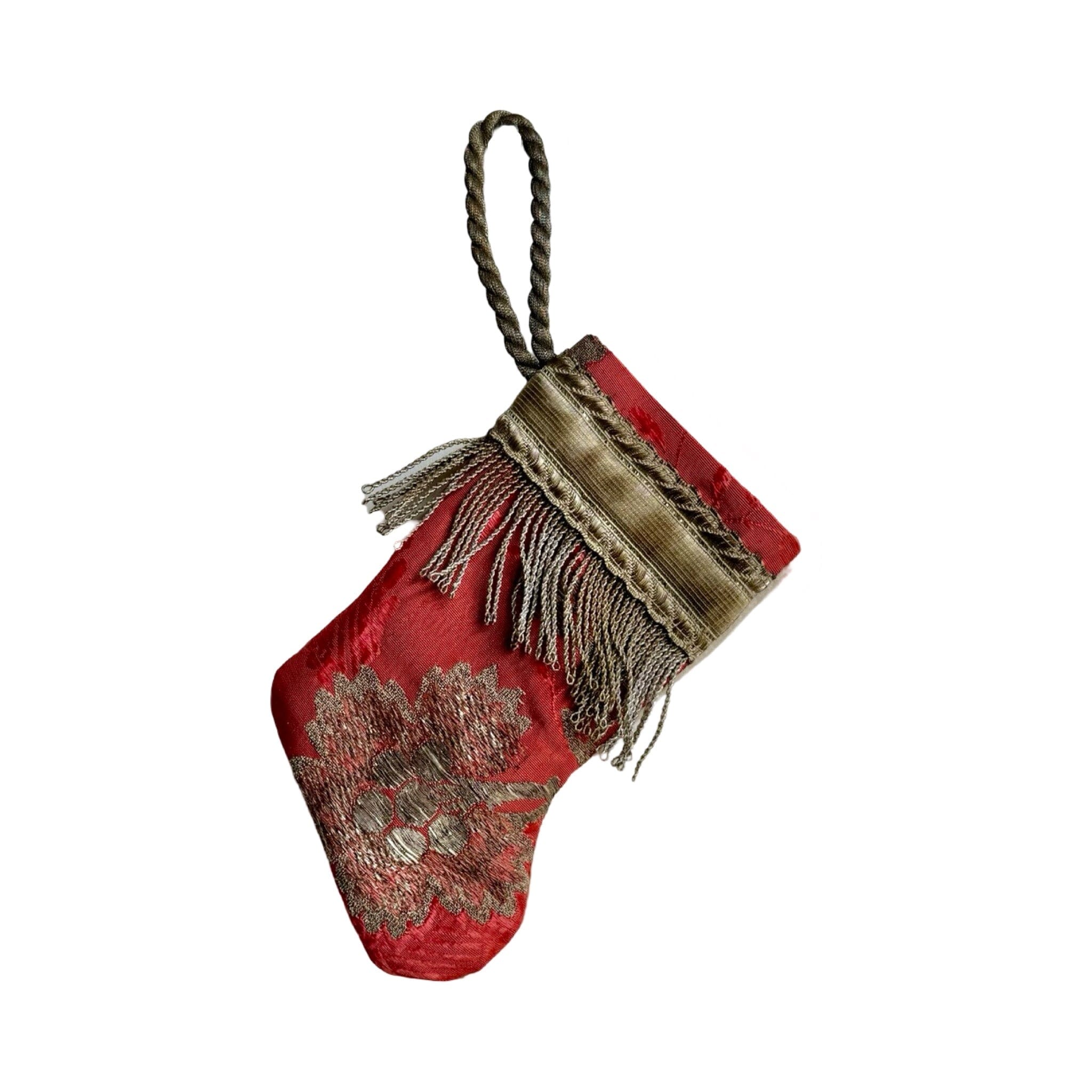 Handmade Mini Stocking from Antique Textiles - Coral and Silver Ornament B. Viz Design G 