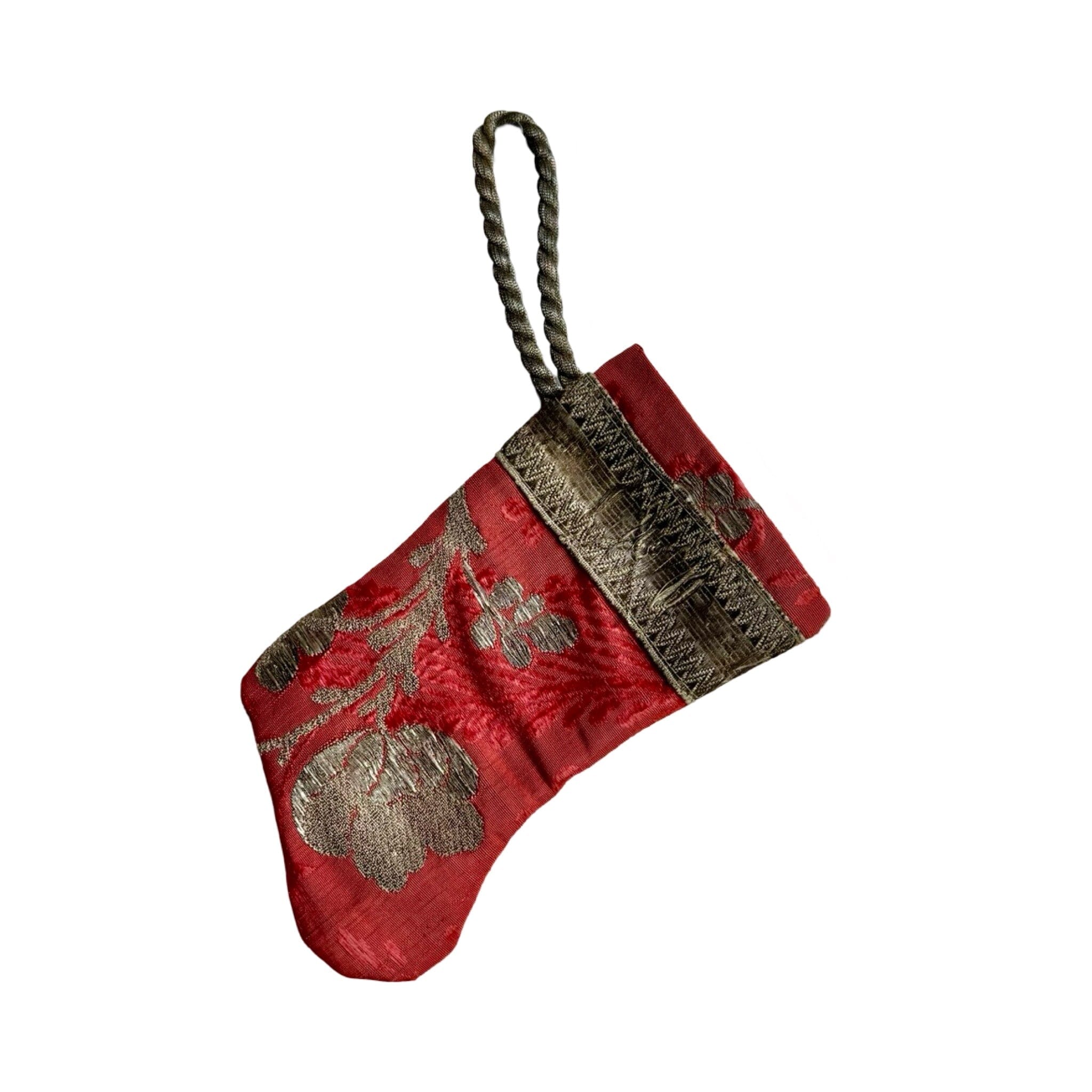 Handmade Mini Stocking from Antique Textiles - Coral and Silver Ornament B. Viz Design H 