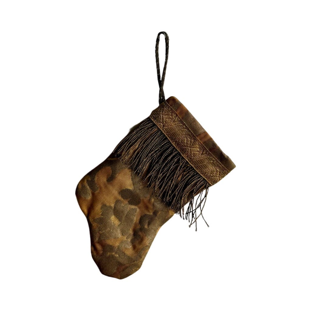 Handmade Mini Stocking from Antique Textiles - Desert Tan with Bronze Fortuny Ornament B. Viz Design A 