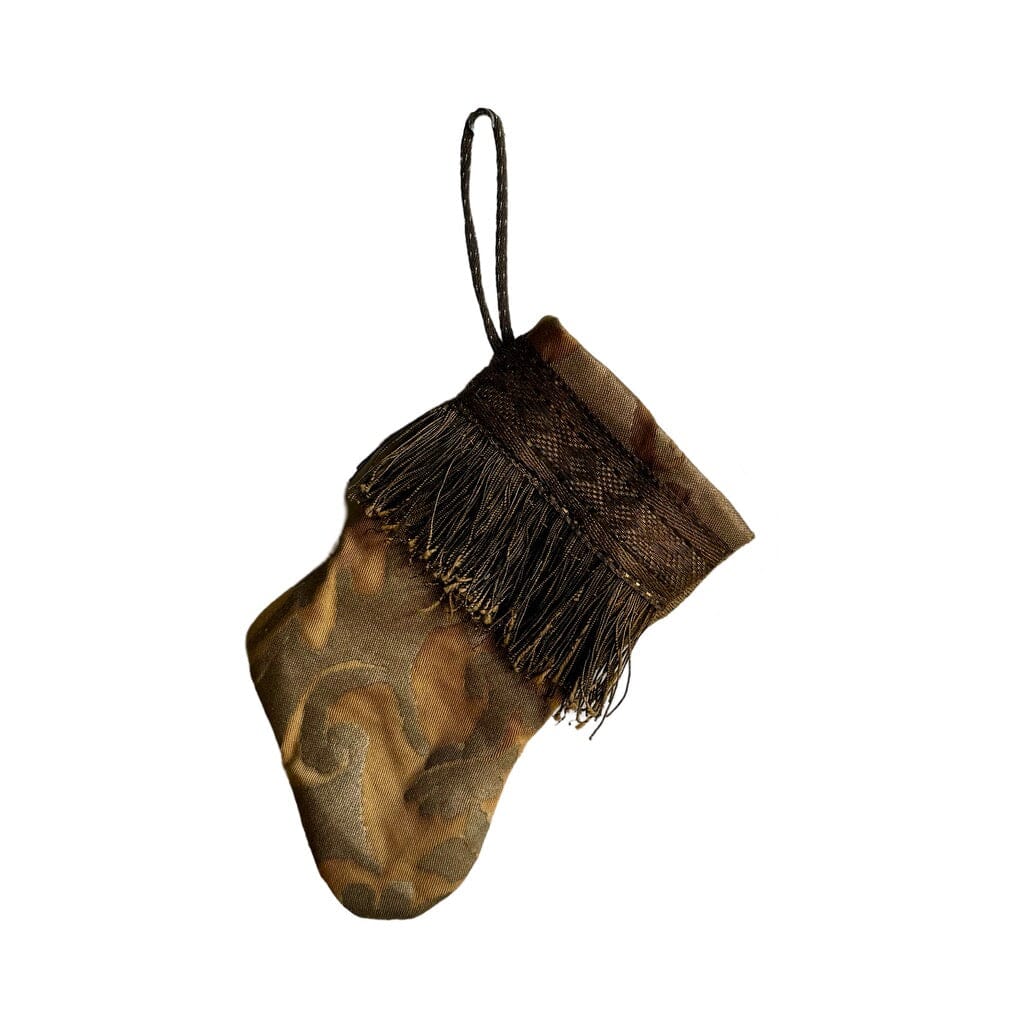 Handmade Mini Stocking from Antique Textiles - Desert Tan with Bronze Fortuny Ornament B. Viz Design D 